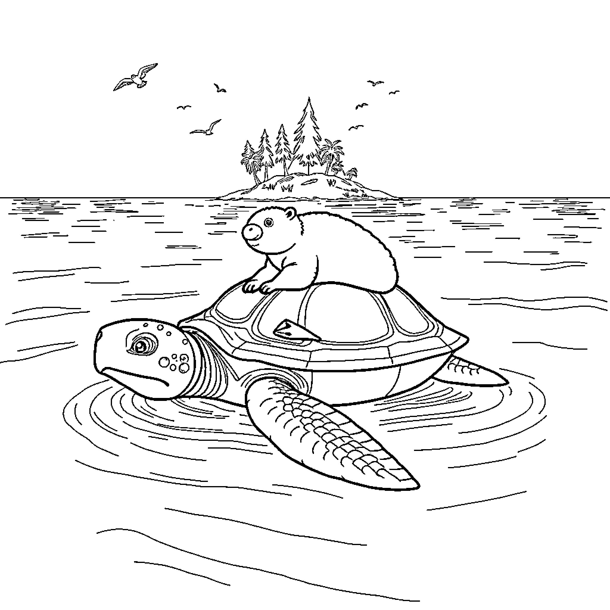 Turtle riding on a seafaring turtle in the lake Coloring Page (free black-and-white line drawing printable PDF for all, from beginners to advanced learners, including children, teens, adults, and seniors)