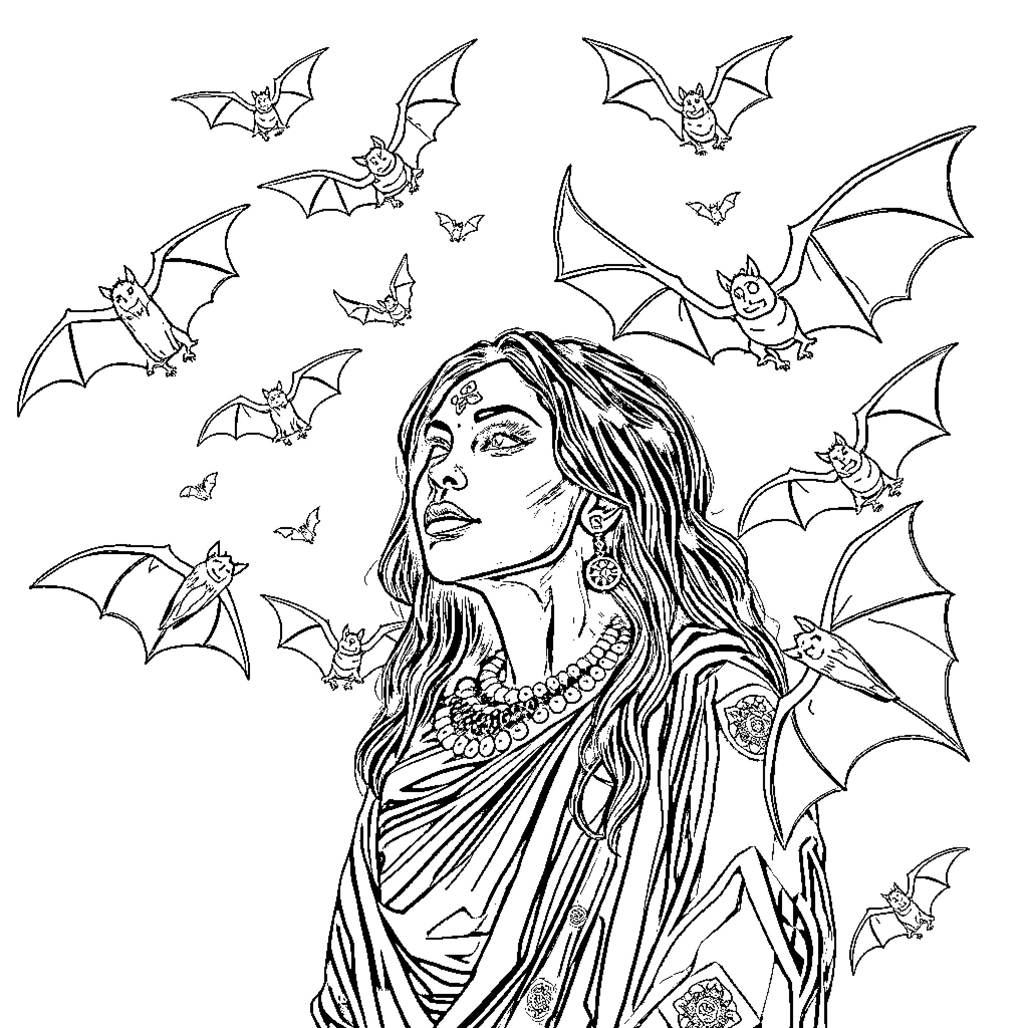 Matangi's Mystical Encounter with Bats in the Night Coloring Page (free black-and-white line drawing printable PDF for all, from beginners to advanced learners, including children, teens, adults, and seniors)
