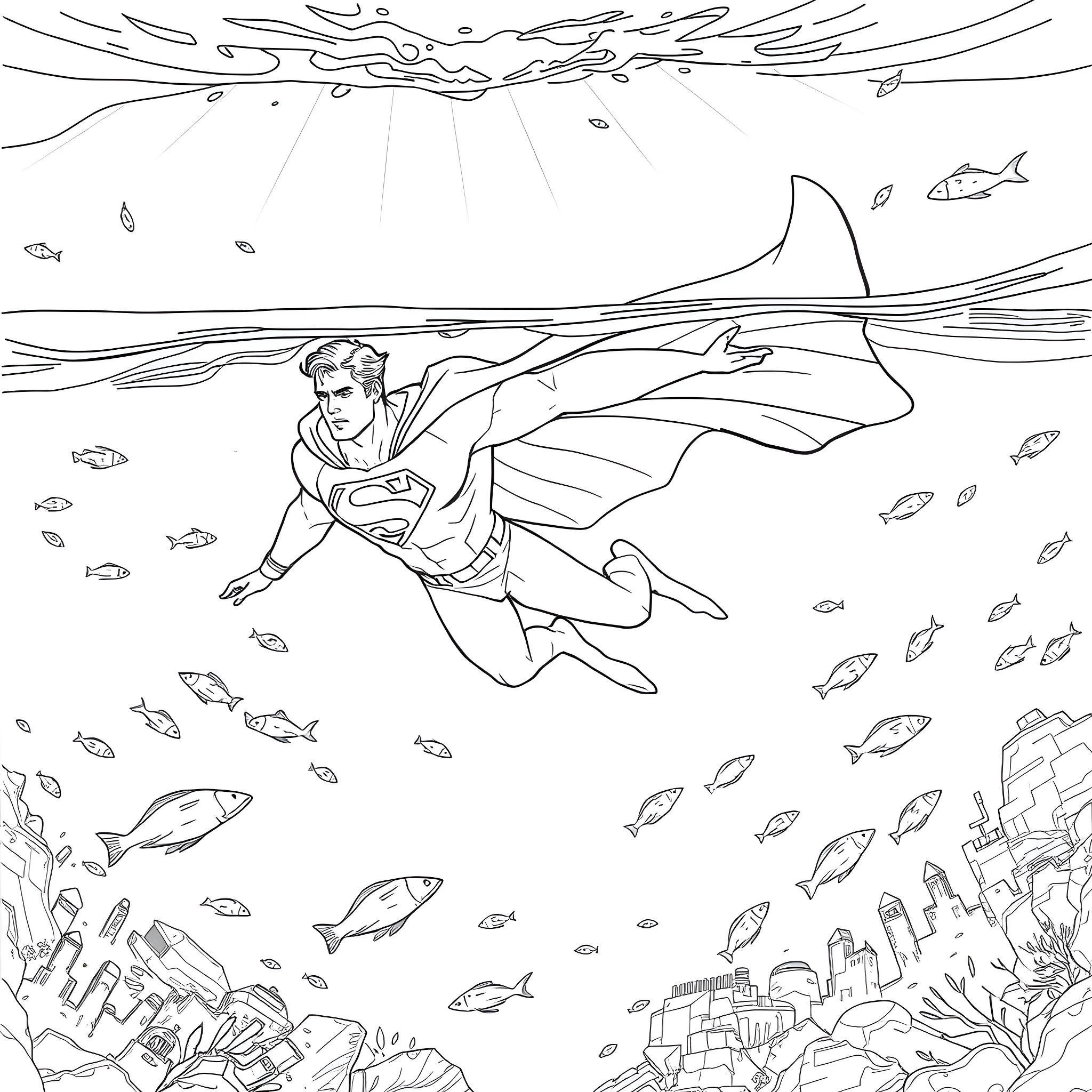 Superman heroically swimming underwater among marine life Coloring Page (free black-and-white line drawing printable PDF for all, from beginners to advanced learners, including children, teens, adults, and seniors)