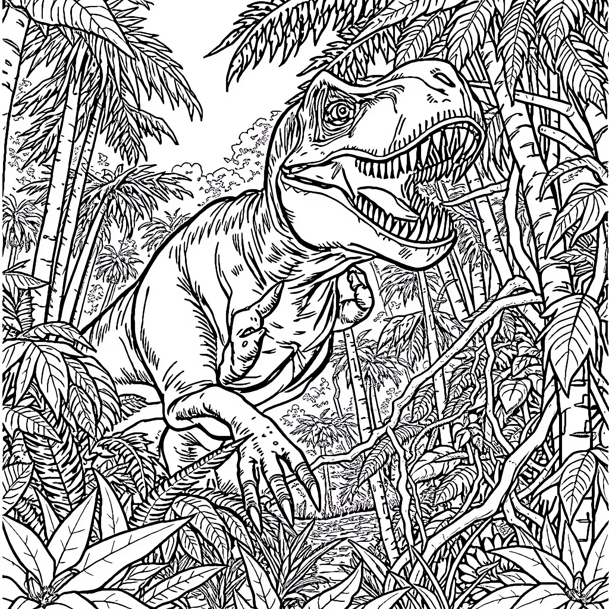 Dino roaming through lush jungle landscape Coloring Page (free black-and-white line drawing printable PDF for all, from beginners to advanced learners, including children, teens, adults, and seniors)