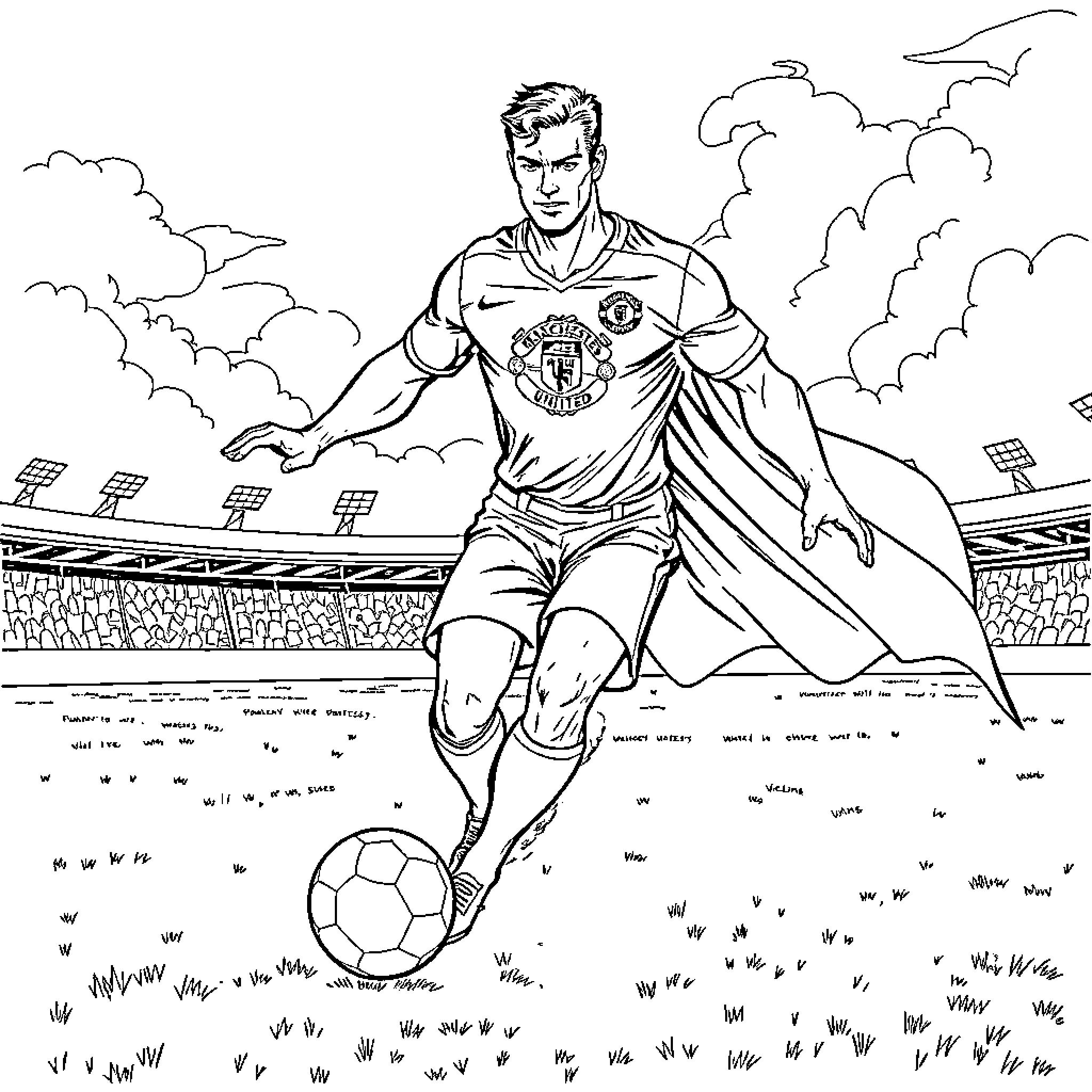 Superman soccer player in action on the field Coloring Page (free black-and-white line drawing printable PDF for all, from beginners to advanced learners, including children, teens, adults, and seniors)