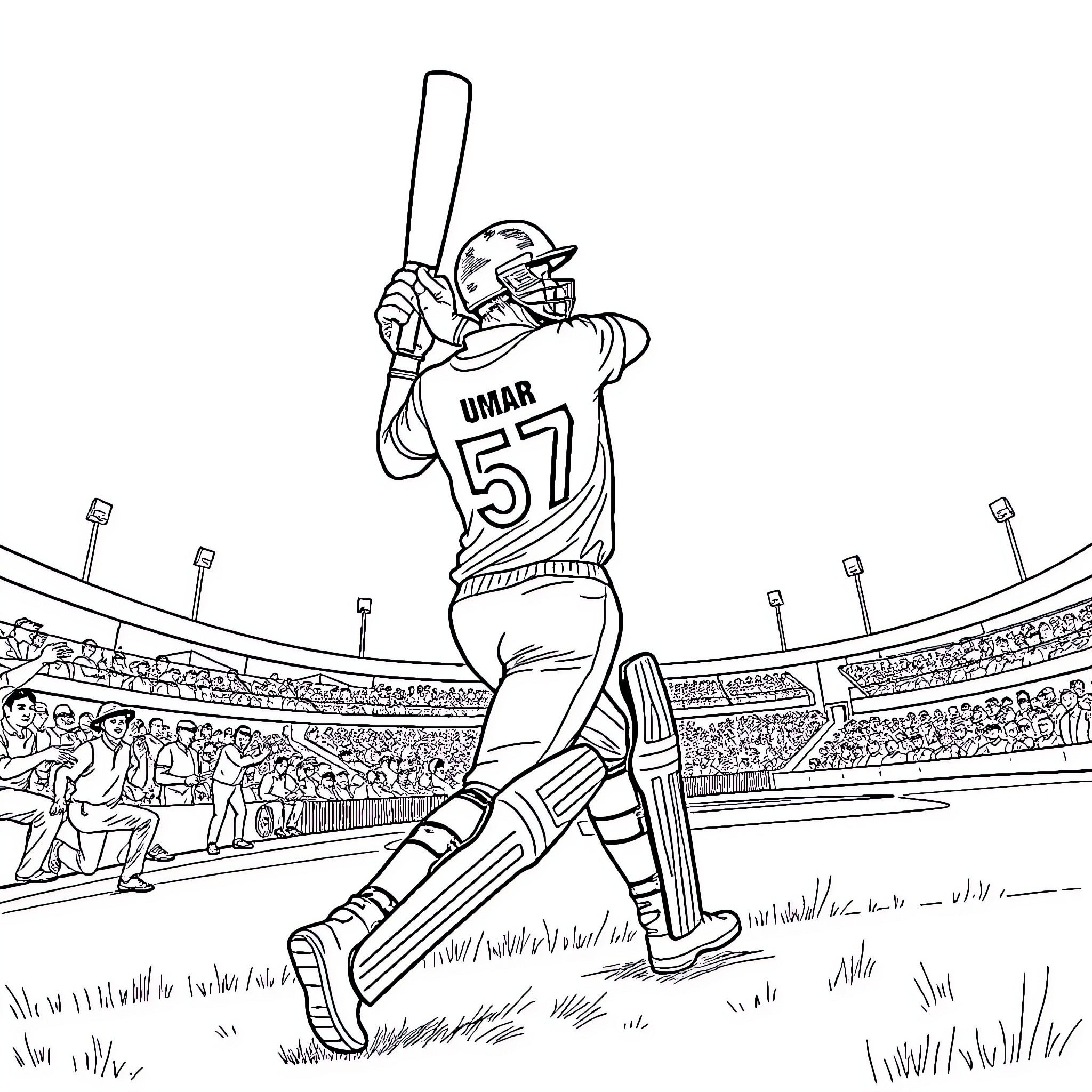 Cricket Player Batting in a Stadium Coloring Page (free black-and-white line drawing printable PDF for all, from beginners to advanced learners, including children, teens, adults, and seniors)