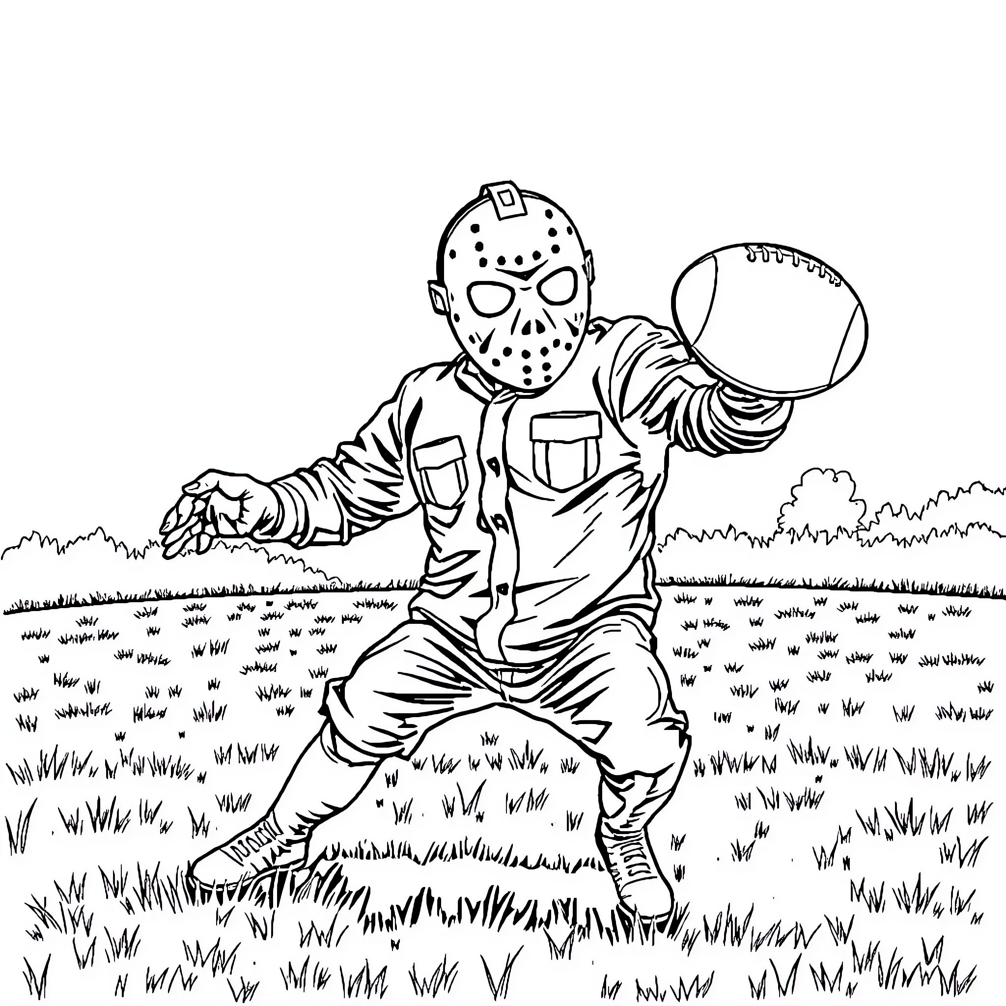 Jason Voorhees running with a hockey mask through the wilderness Coloring Page (free black-and-white line drawing printable PDF for all, from beginners to advanced learners, including children, teens, adults, and seniors)