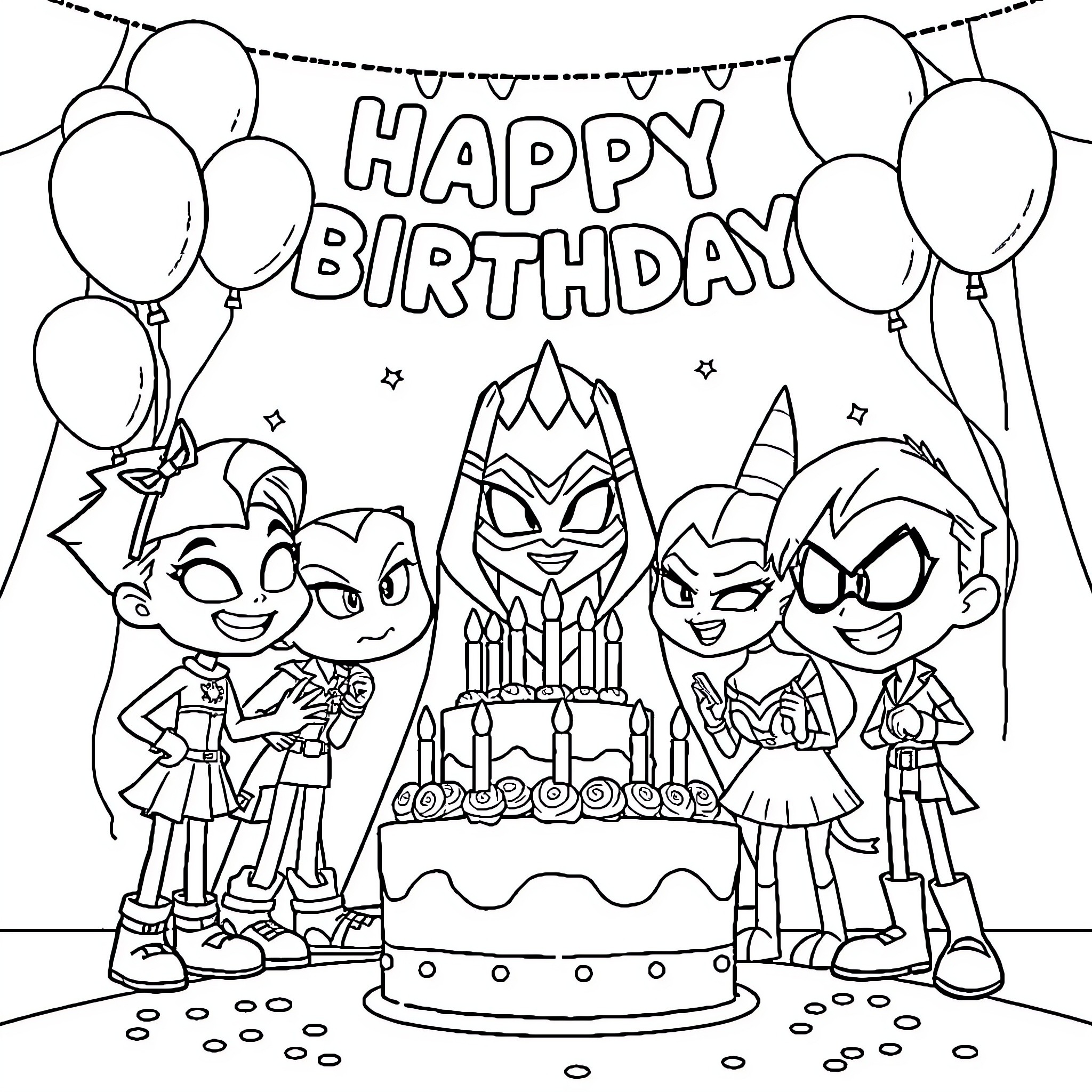 Raven friends celebrate happy birthday with cake and balloons Coloring Page (free black-and-white line drawing printable PDF for all, from beginners to advanced learners, including children, teens, adults, and seniors)