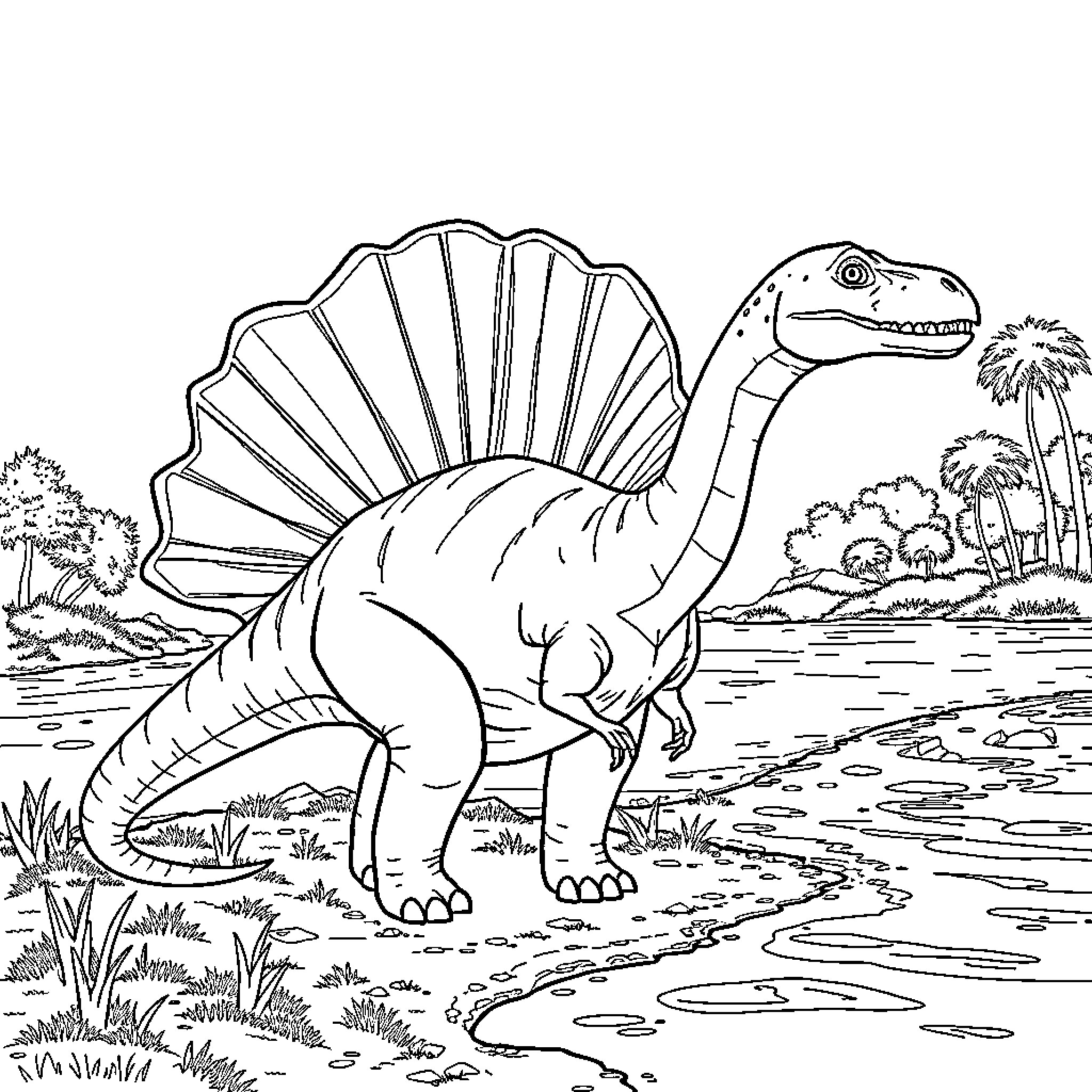 Spinosaurus in a prehistoric landscape Coloring Page (free black-and-white line drawing printable PDF for all, from beginners to advanced learners, including children, teens, adults, and seniors)