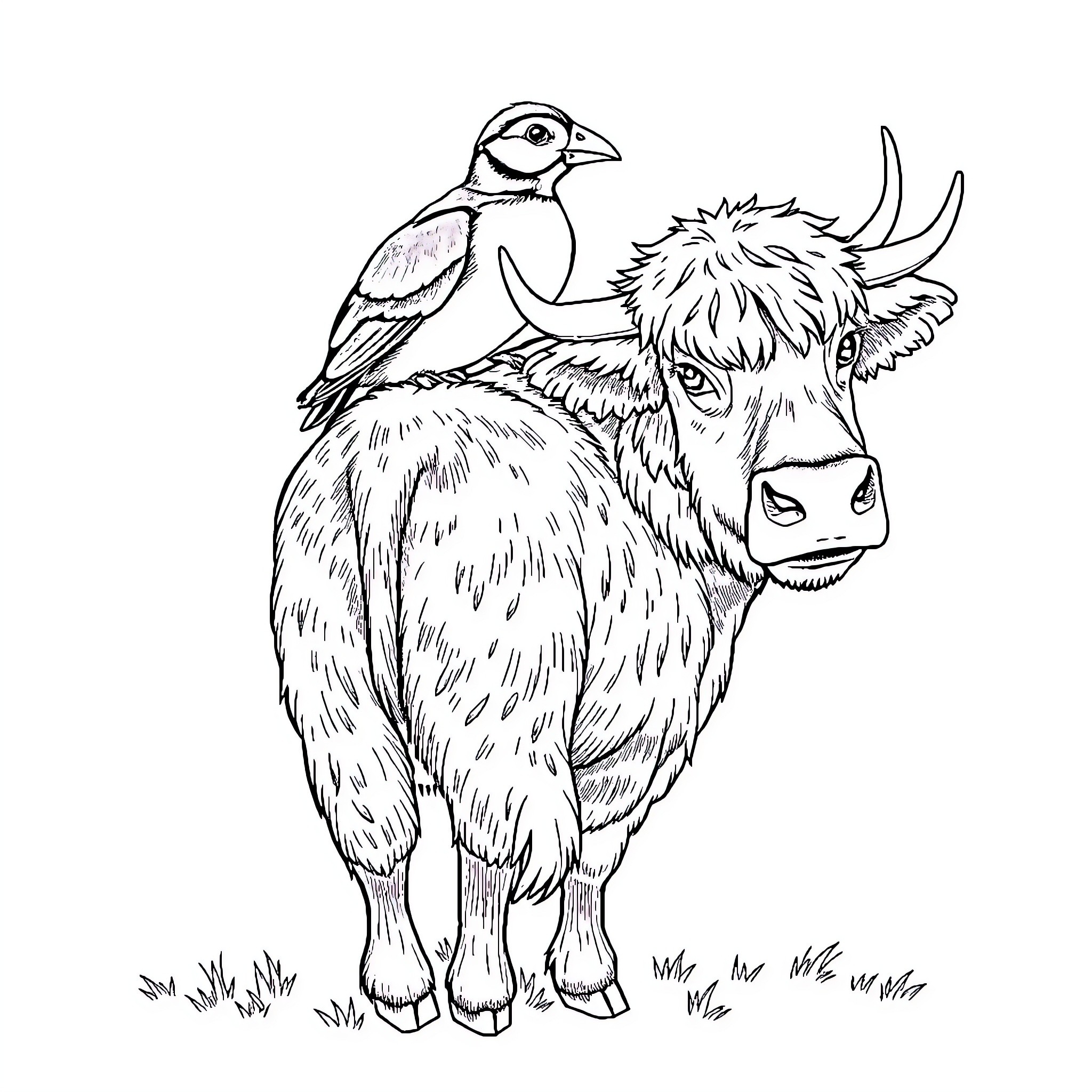 Puffin perched atop a fluffy cow Coloring Page (free black-and-white line drawing printable PDF for all, from beginners to advanced learners, including children, teens, adults, and seniors)