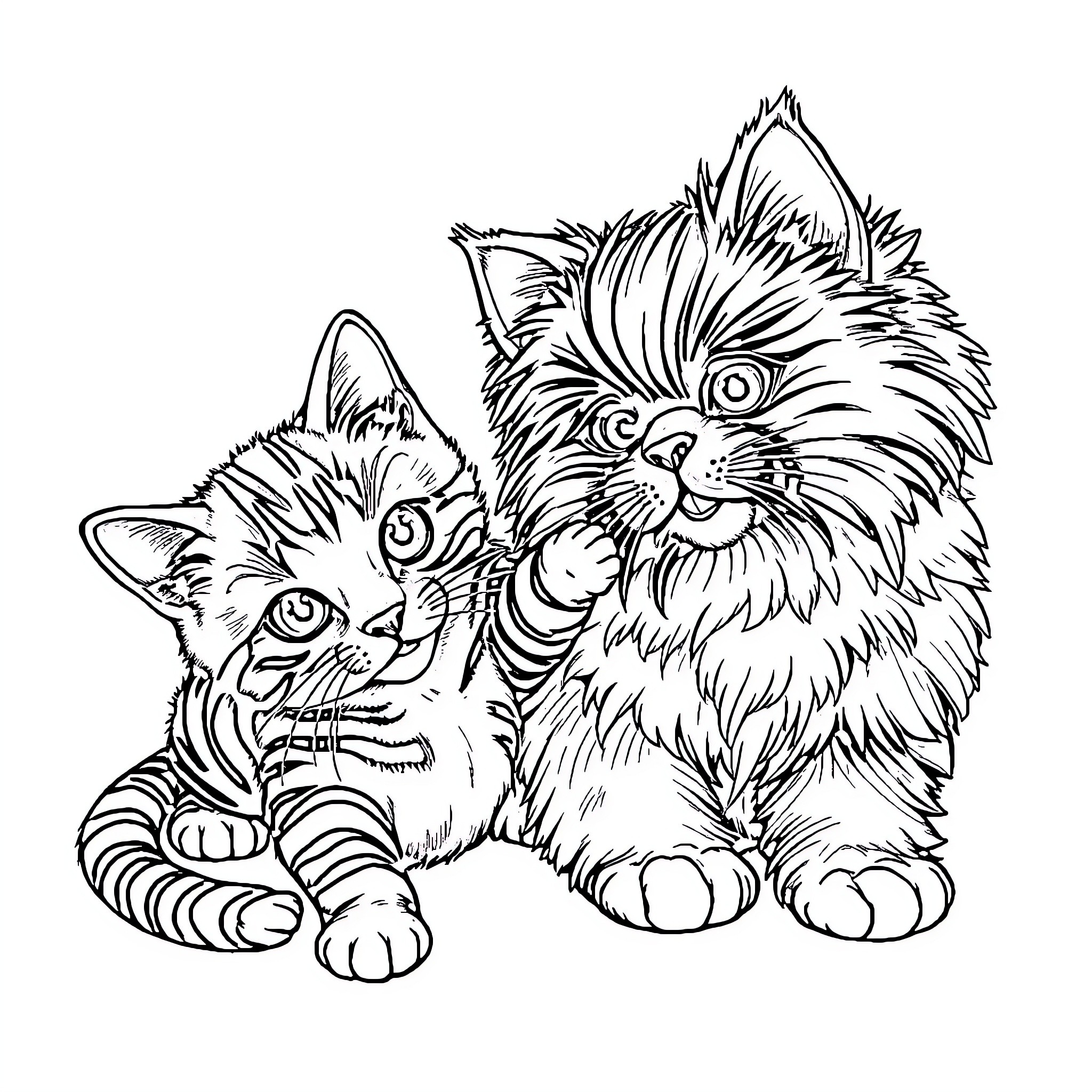 Bichon Frise Kittens Playing Playfully Coloring Page (free black-and-white line drawing printable PDF for all, from beginners to advanced learners, including children, teens, adults, and seniors)