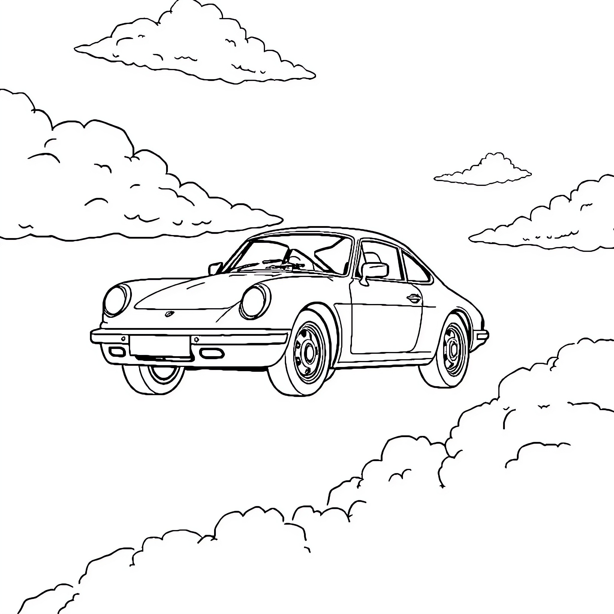 Car Plane flying above the clouds Coloring Page (free black-and-white line drawing printable PDF for all, from beginners to advanced learners, including children, teens, adults, and seniors)
