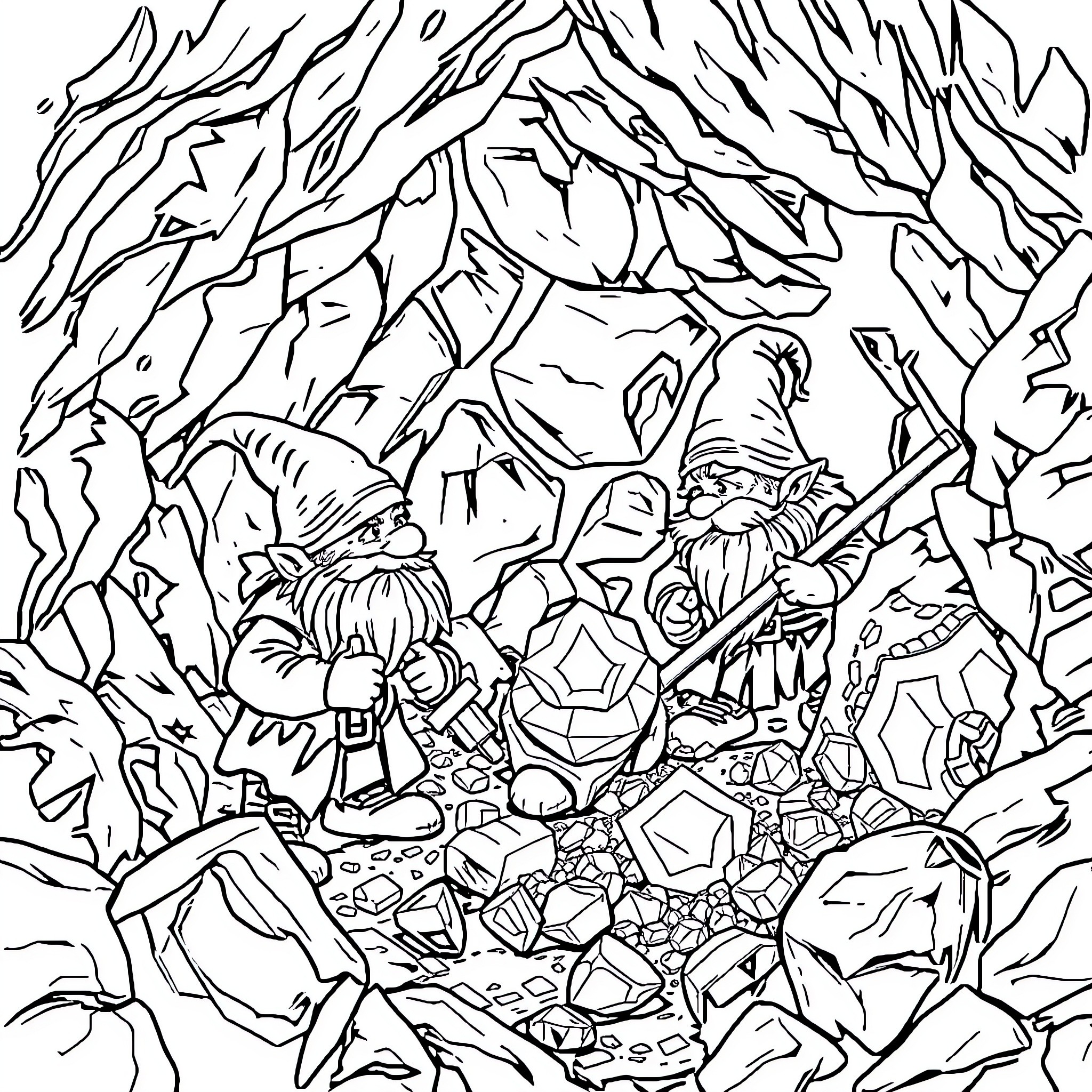Dwarves exploring the crystalline cavern Coloring Page (free black-and-white line drawing printable PDF for all, from beginners to advanced learners, including children, teens, adults, and seniors)