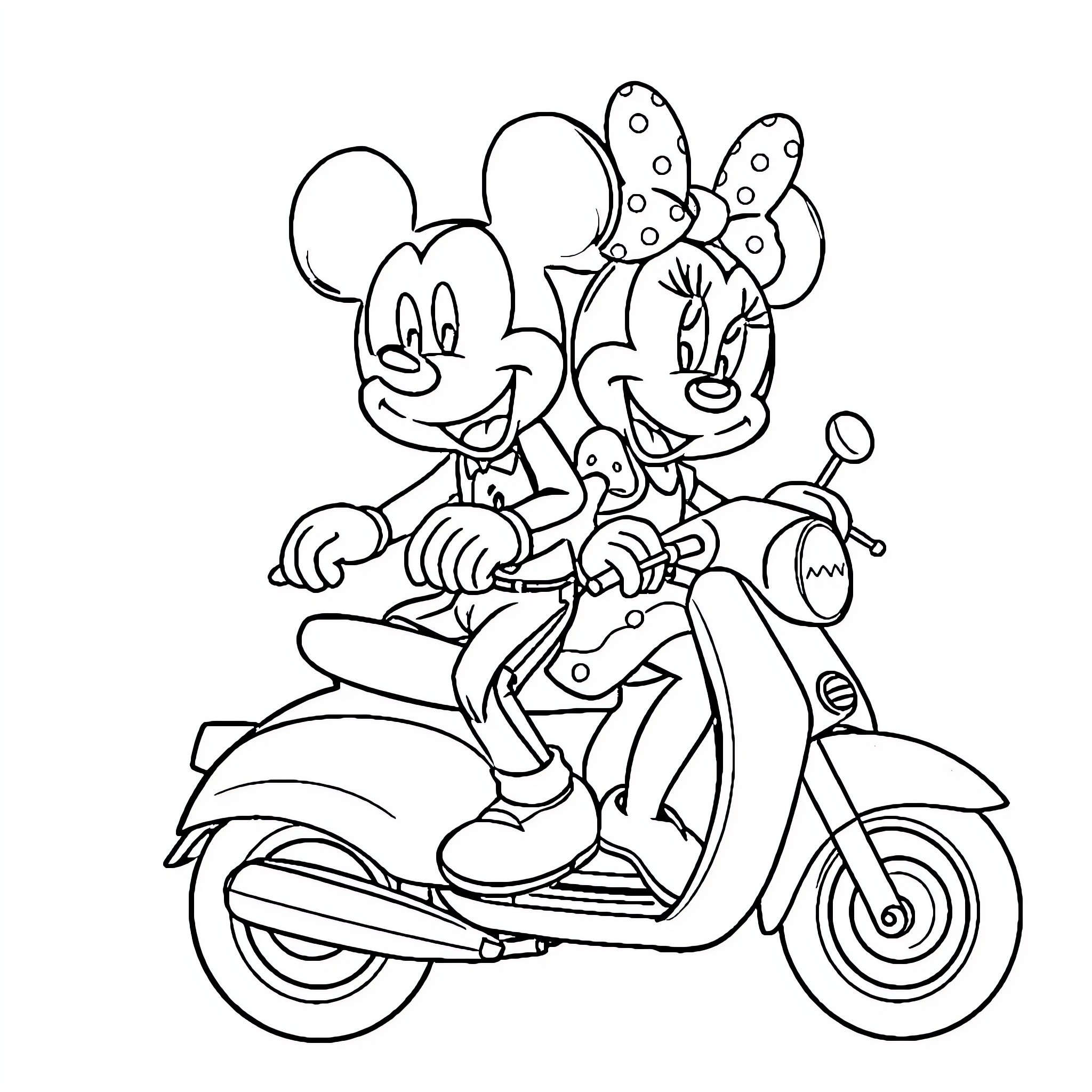 Mickey and Minnie Riding a Scooter Coloring Page (free black-and-white line drawing printable PDF for all, from beginners to advanced learners, including children, teens, adults, and seniors)