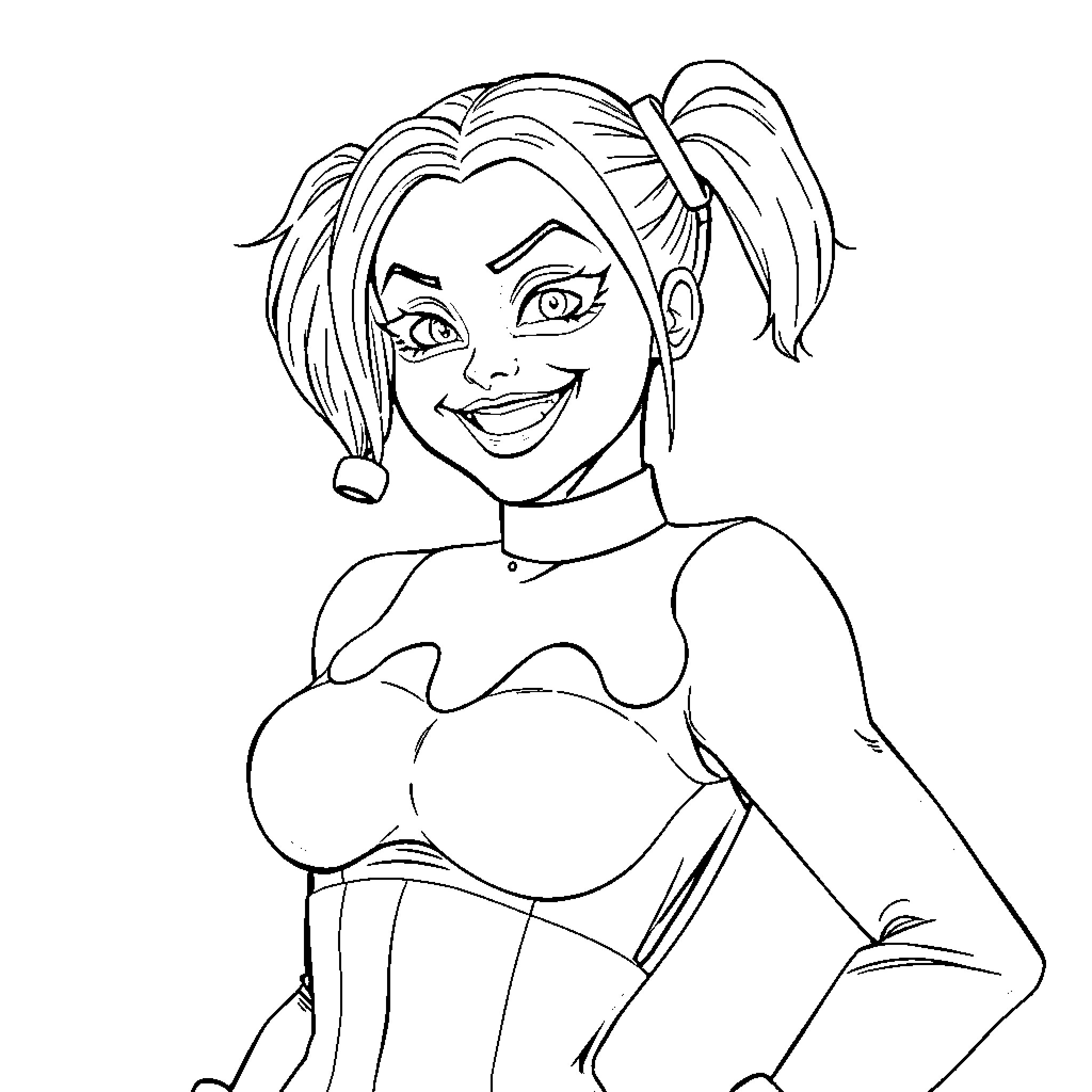 Harley Quinn's Playful Persona Coloring Page (free black-and-white line drawing printable PDF for all, from beginners to advanced learners, including children, teens, adults, and seniors)