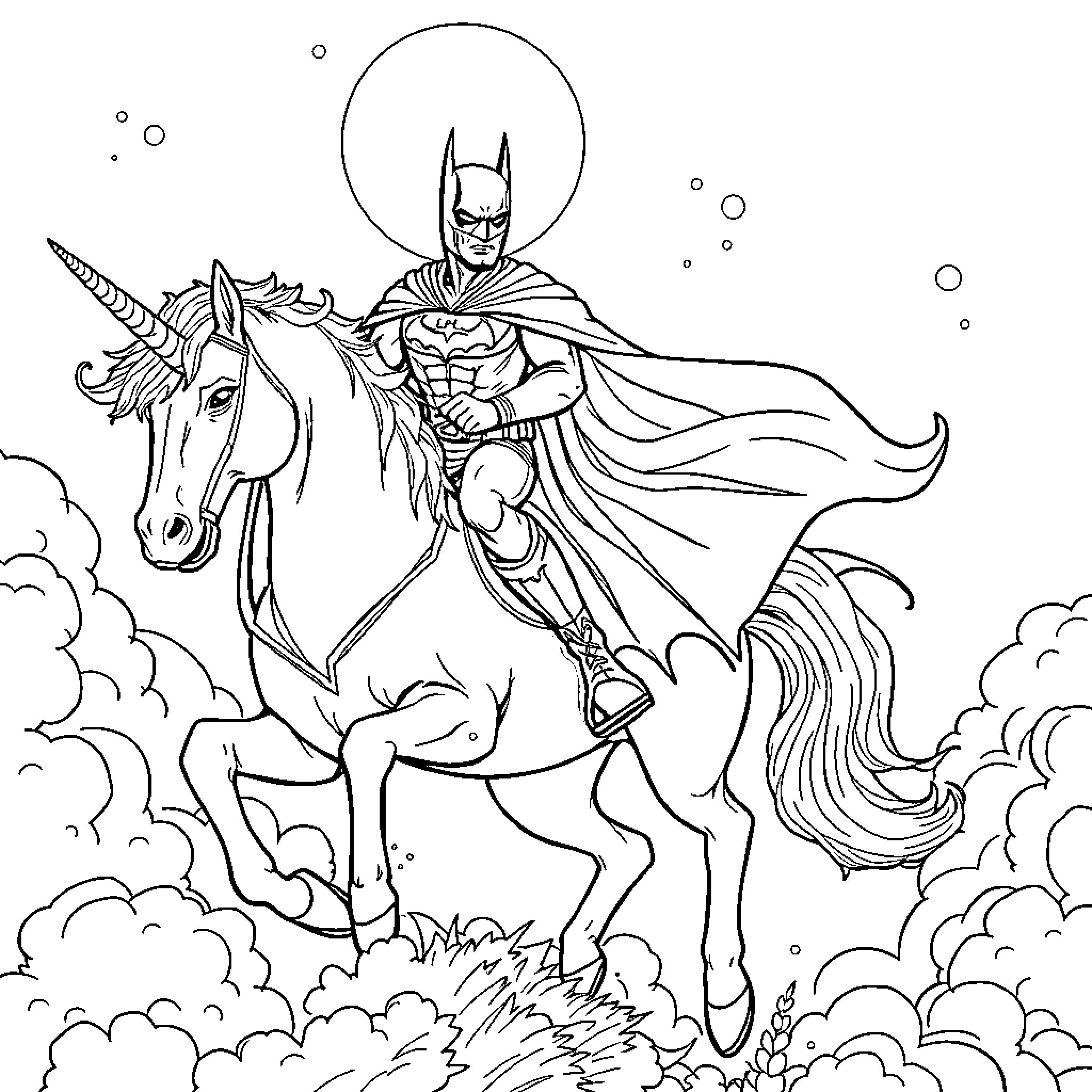 Batman Riding a Majestic Unicorn Through the Clouds Coloring Page (free black-and-white line drawing printable PDF for all, from beginners to advanced learners, including children, teens, adults, and seniors)