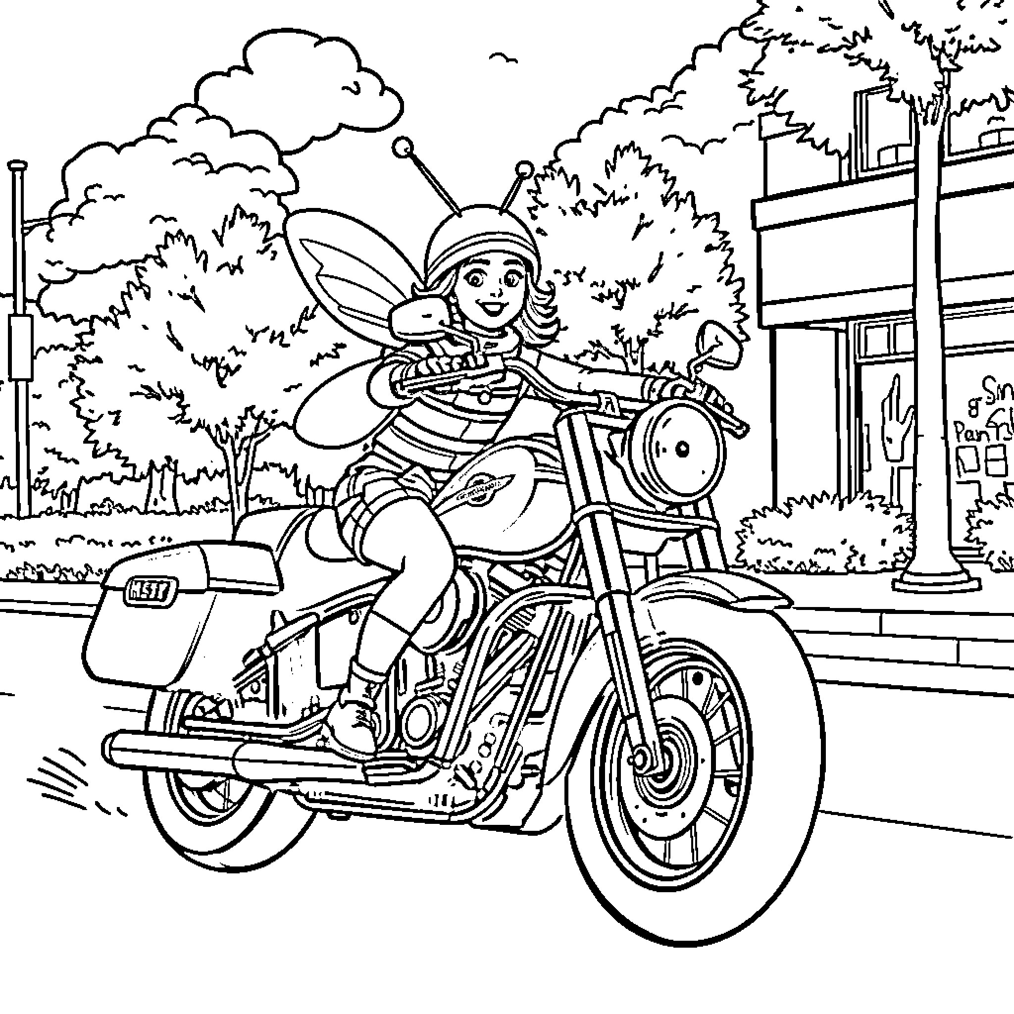 Girl riding motorcycle through city streets Coloring Page (free black-and-white line drawing printable PDF for all, from beginners to advanced learners, including children, teens, adults, and seniors)