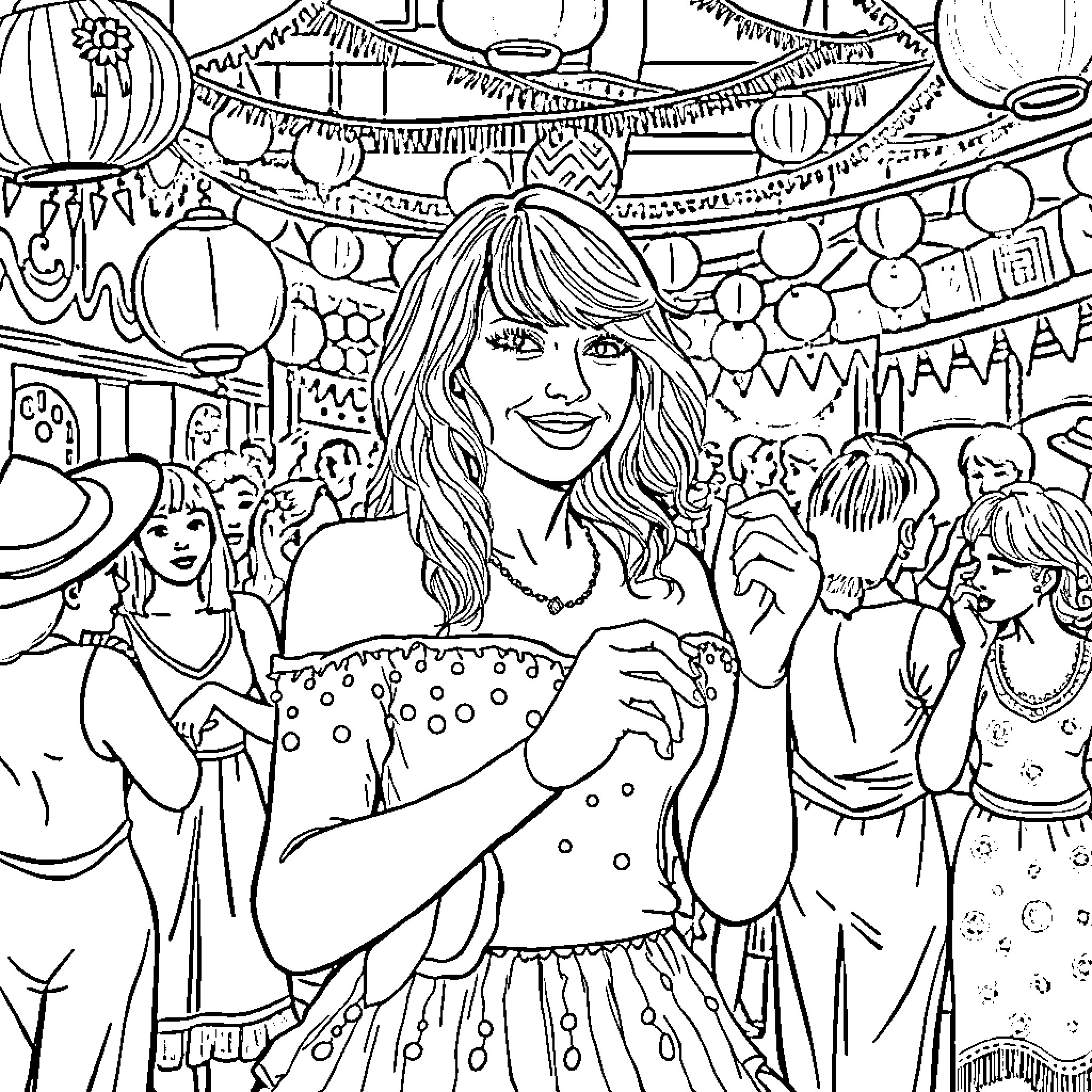 Taylor Swift Celebrating at a Festive Party Coloring Page (free black-and-white line drawing printable PDF for all, from beginners to advanced learners, including children, teens, adults, and seniors)