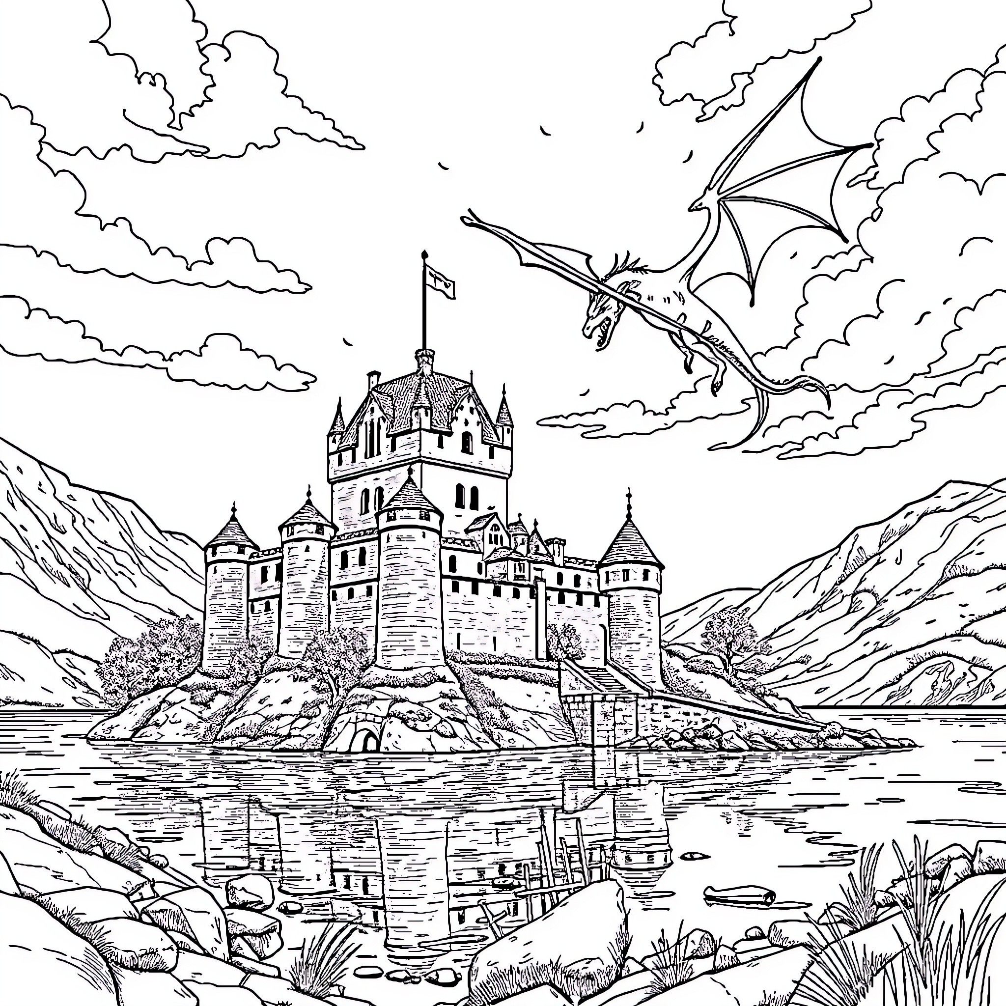 Château of a Legendary Dragon Coloring Page (free black-and-white line drawing printable PDF for all, from beginners to advanced learners, including children, teens, adults, and seniors)
