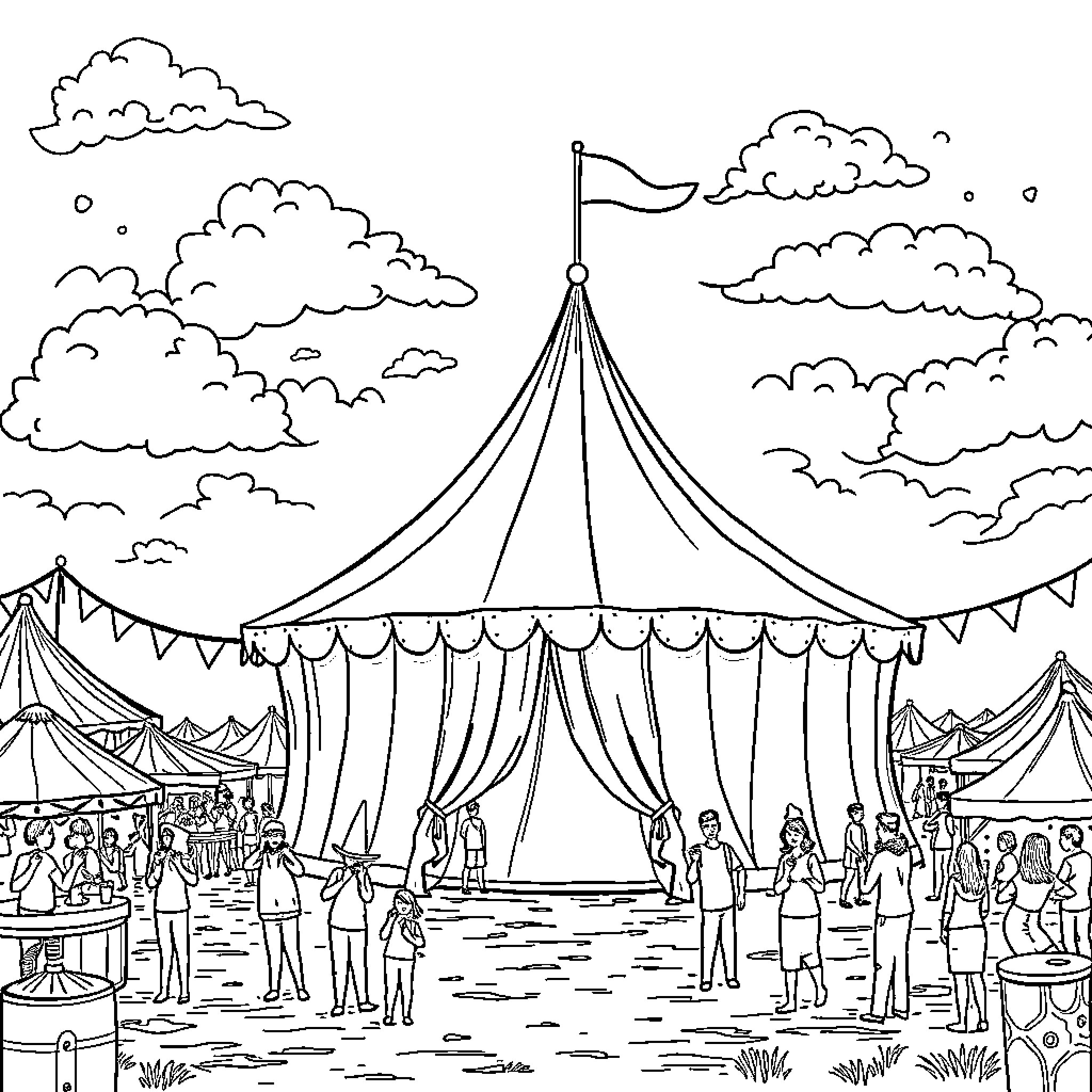 Circus Tent with Lively Performers and Crowd Coloring Page (free black-and-white line drawing printable PDF for all, from beginners to advanced learners, including children, teens, adults, and seniors)
