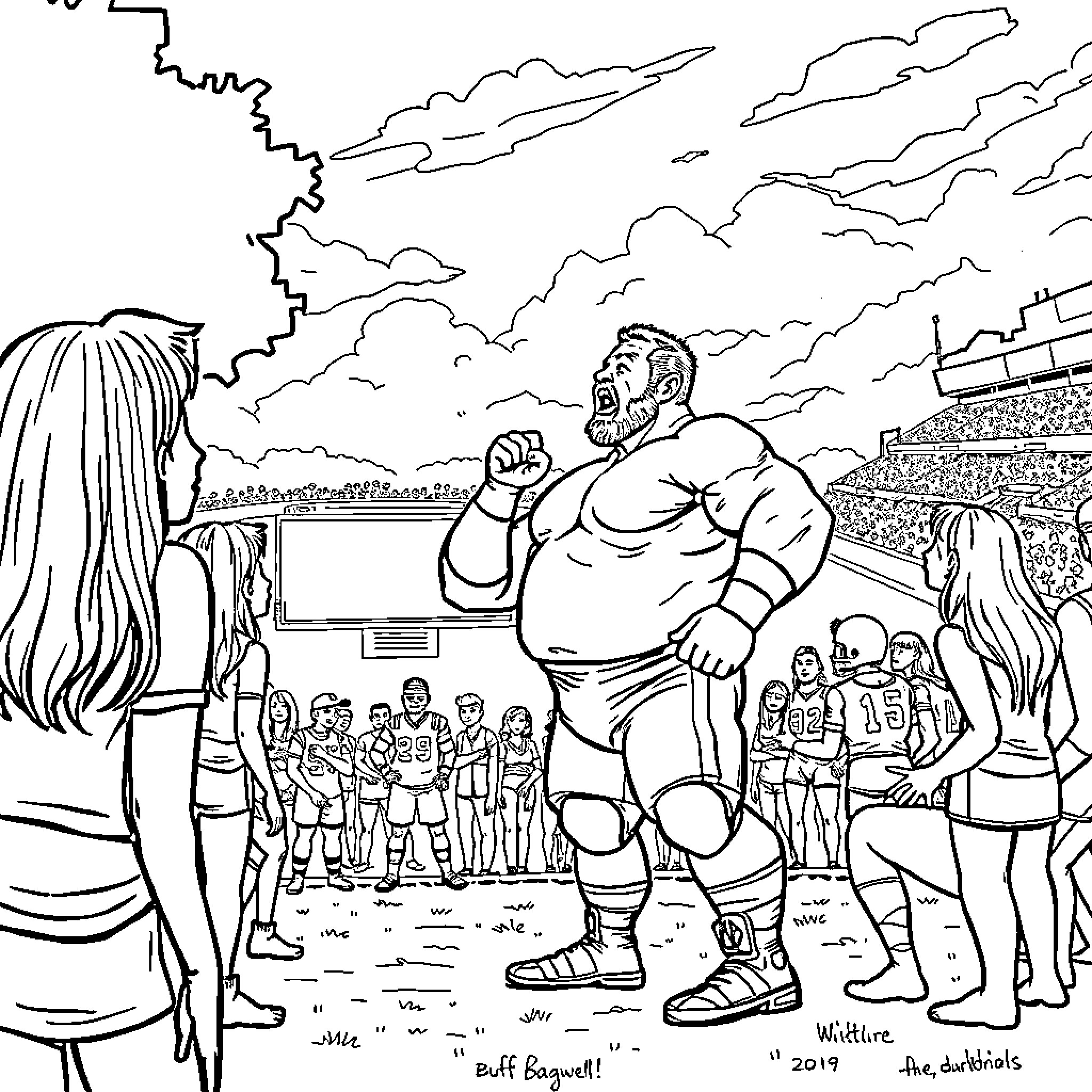 Wrestler challenges opponent in front of cheering crowd Coloring Page (free black-and-white line drawing printable PDF for all, from beginners to advanced learners, including children, teens, adults, and seniors)