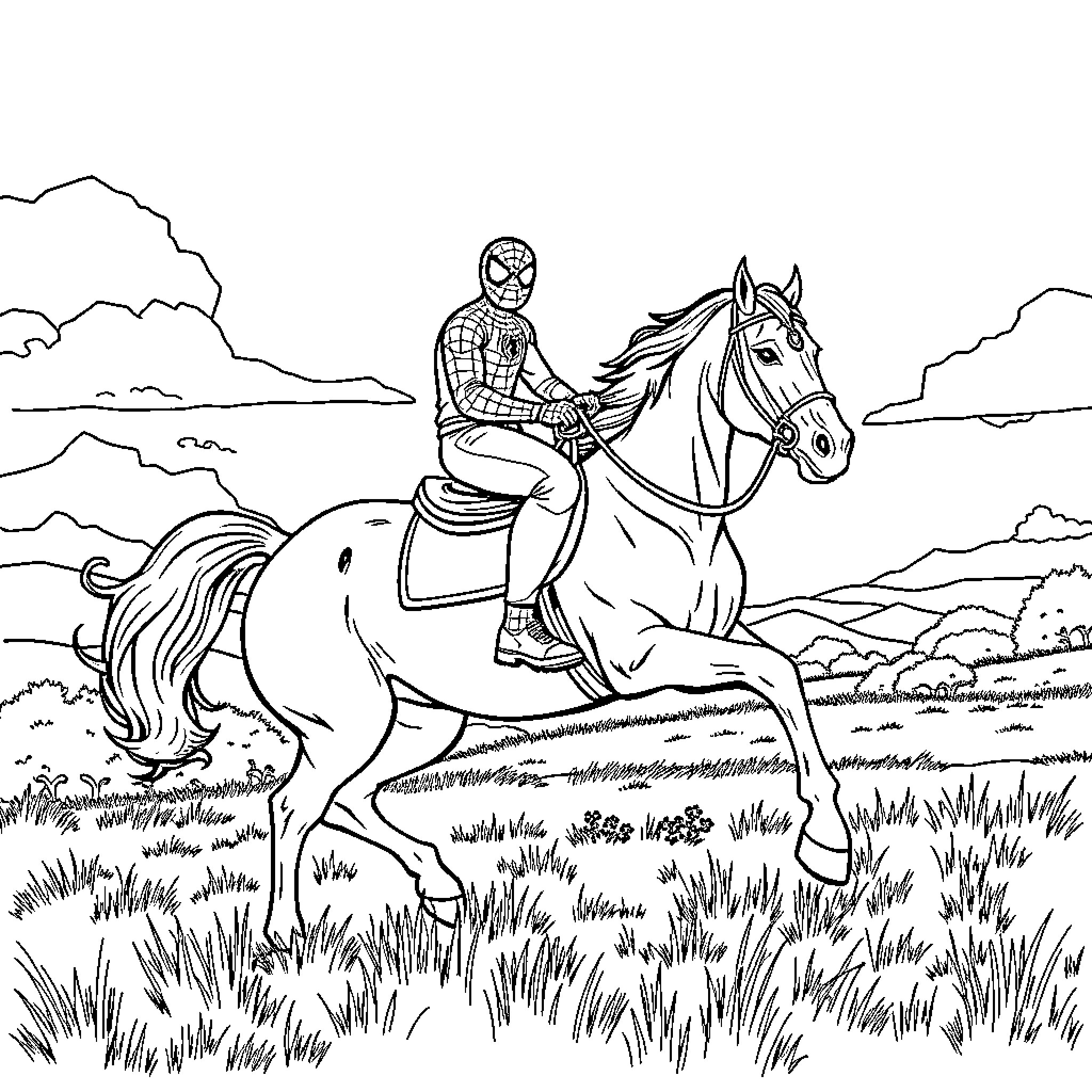 Spiderman riding a horse through a scenic landscape Coloring Page (free black-and-white line drawing printable PDF for all, from beginners to advanced learners, including children, teens, adults, and seniors)