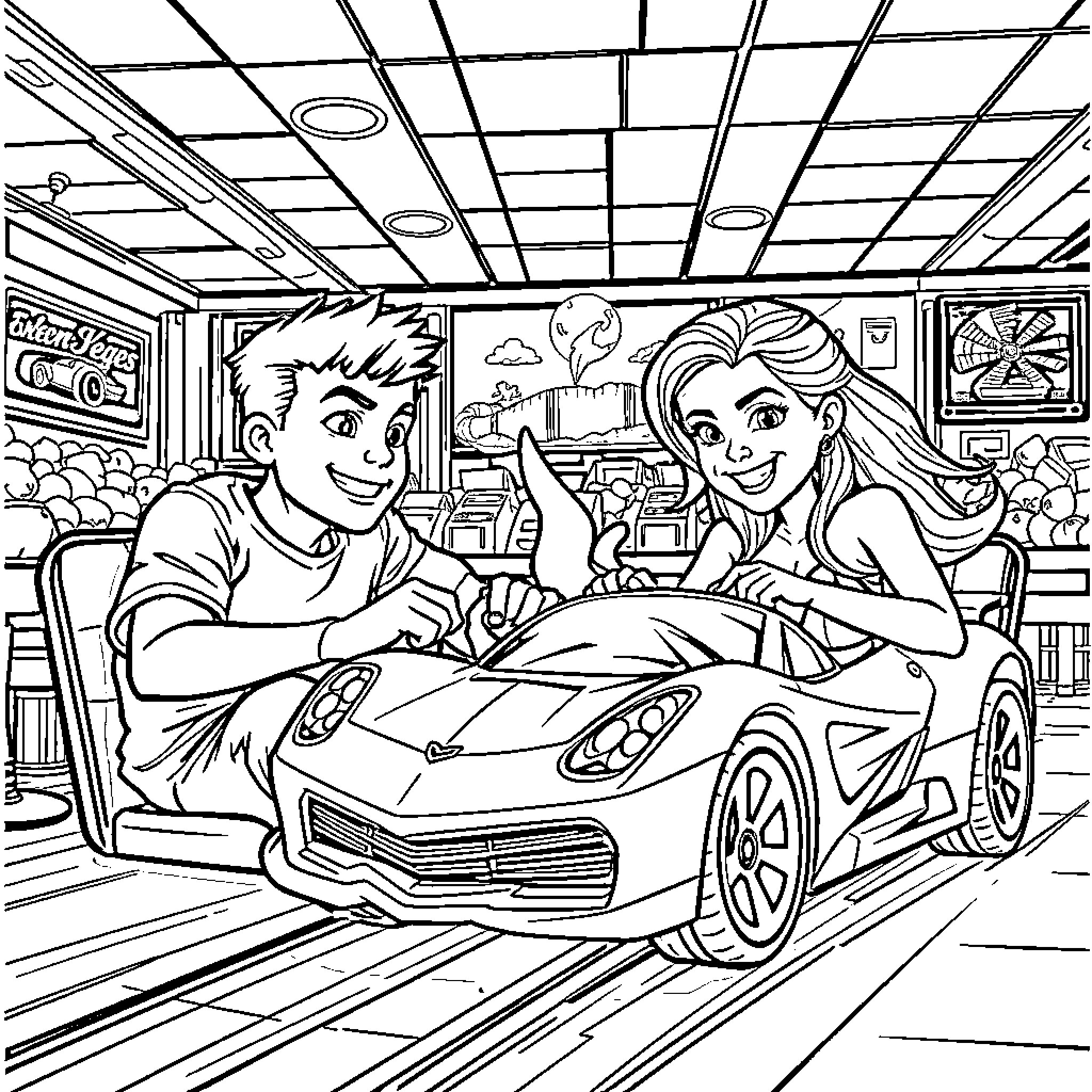 Hermanos Enjoying a Sports Car Adventure Coloring Page (free black-and-white line drawing printable PDF for all, from beginners to advanced learners, including children, teens, adults, and seniors)