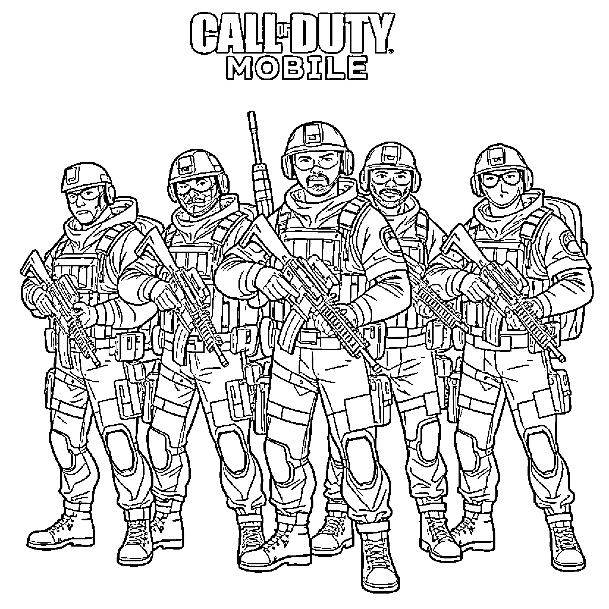 Call of Duty Mobile Characters in Action Pose Coloring Page (free black-and-white line drawing printable PDF for all, from beginners to advanced learners, including children, teens, adults, and seniors)
