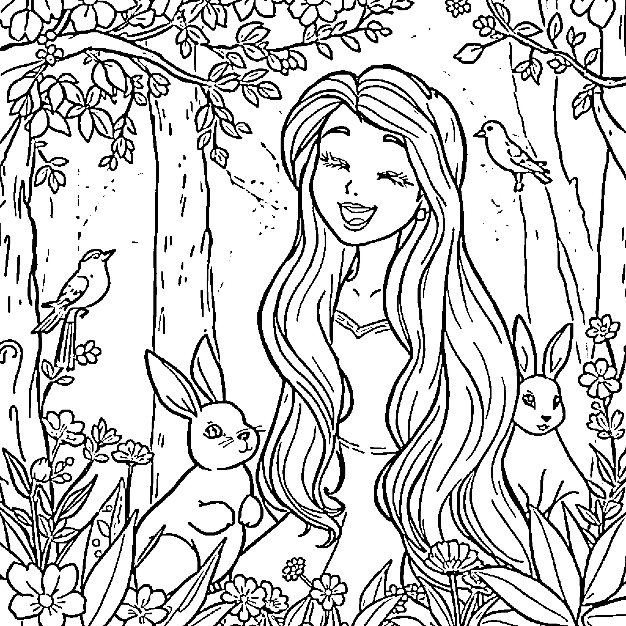 Belle in a Whimsical Woodland Scene Coloring Page (free black-and-white line drawing printable PDF for all, from beginners to advanced learners, including children, teens, adults, and seniors)