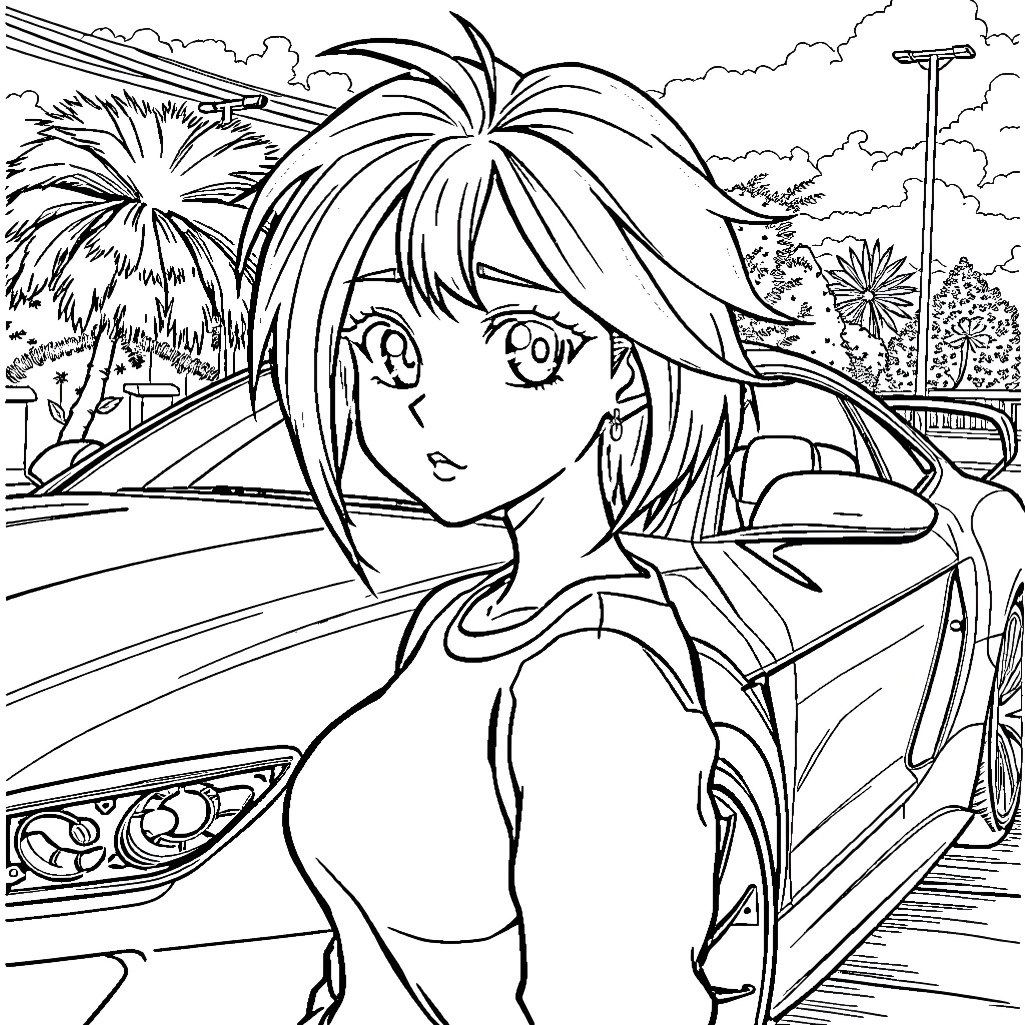 Woman with anime-style expression in urban setting Coloring Page (free black-and-white line drawing printable PDF for all, from beginners to advanced learners, including children, teens, adults, and seniors)