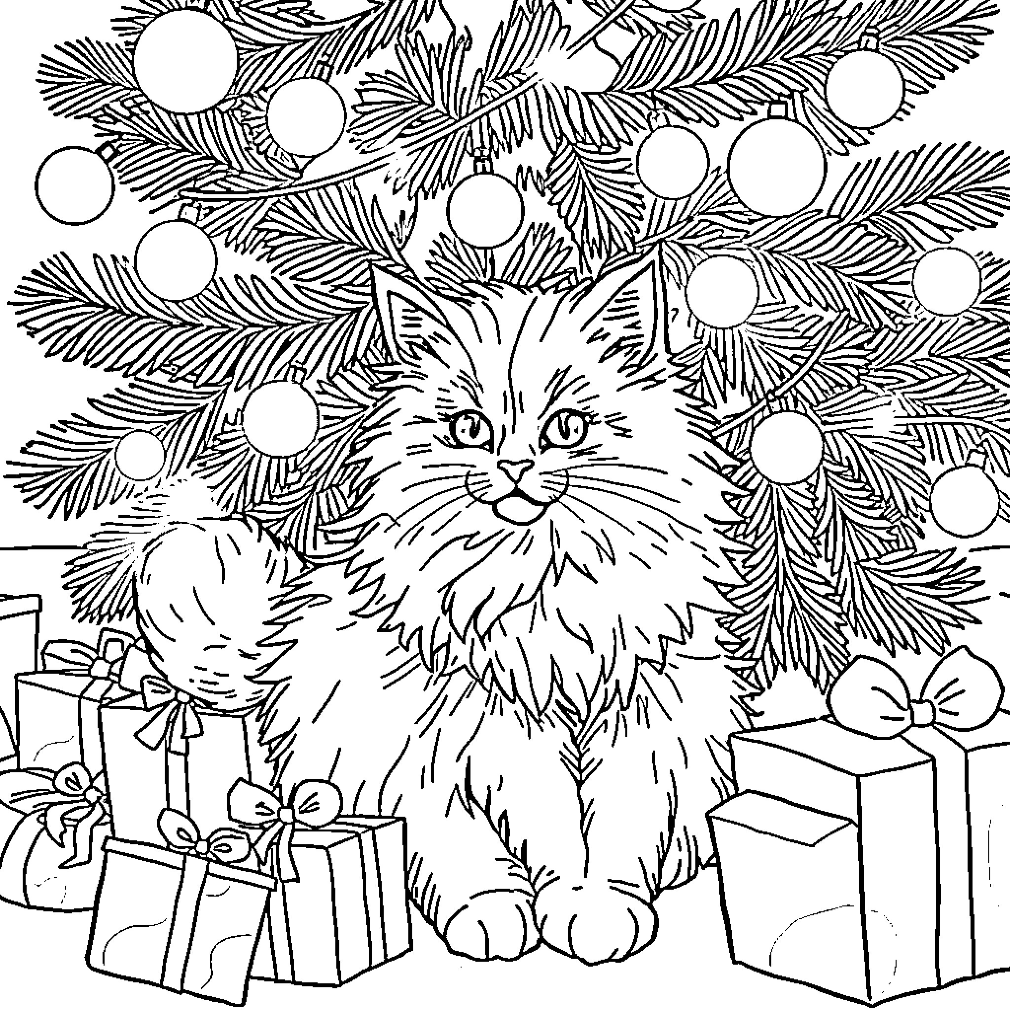 Cat among Christmas tree and presents Coloring Page (free black-and-white line drawing printable PDF for all, from beginners to advanced learners, including children, teens, adults, and seniors)