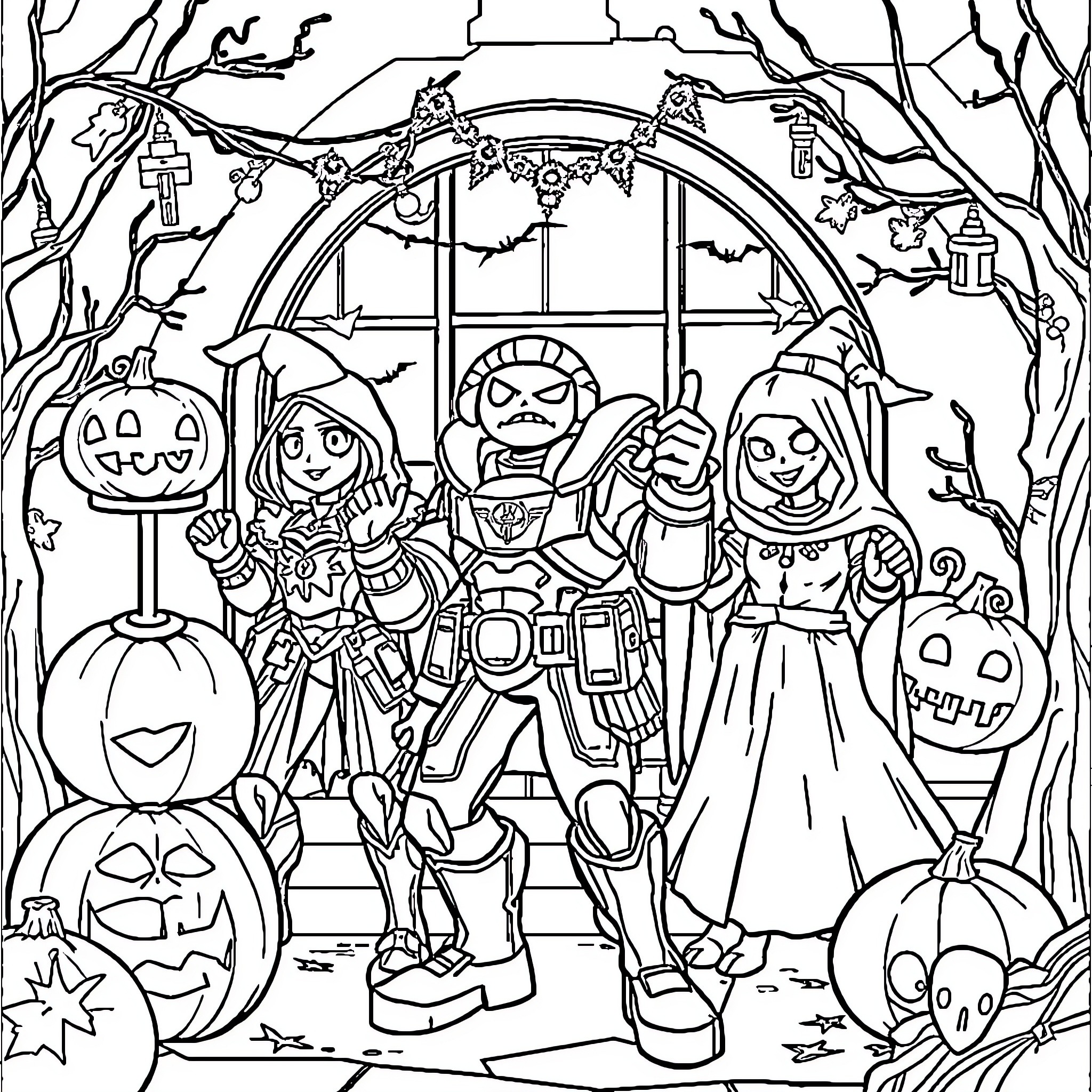 Overwatch characters celebrate Halloween in spooky forest Coloring Page (free black-and-white line drawing printable PDF for all, from beginners to advanced learners, including children, teens, adults, and seniors)