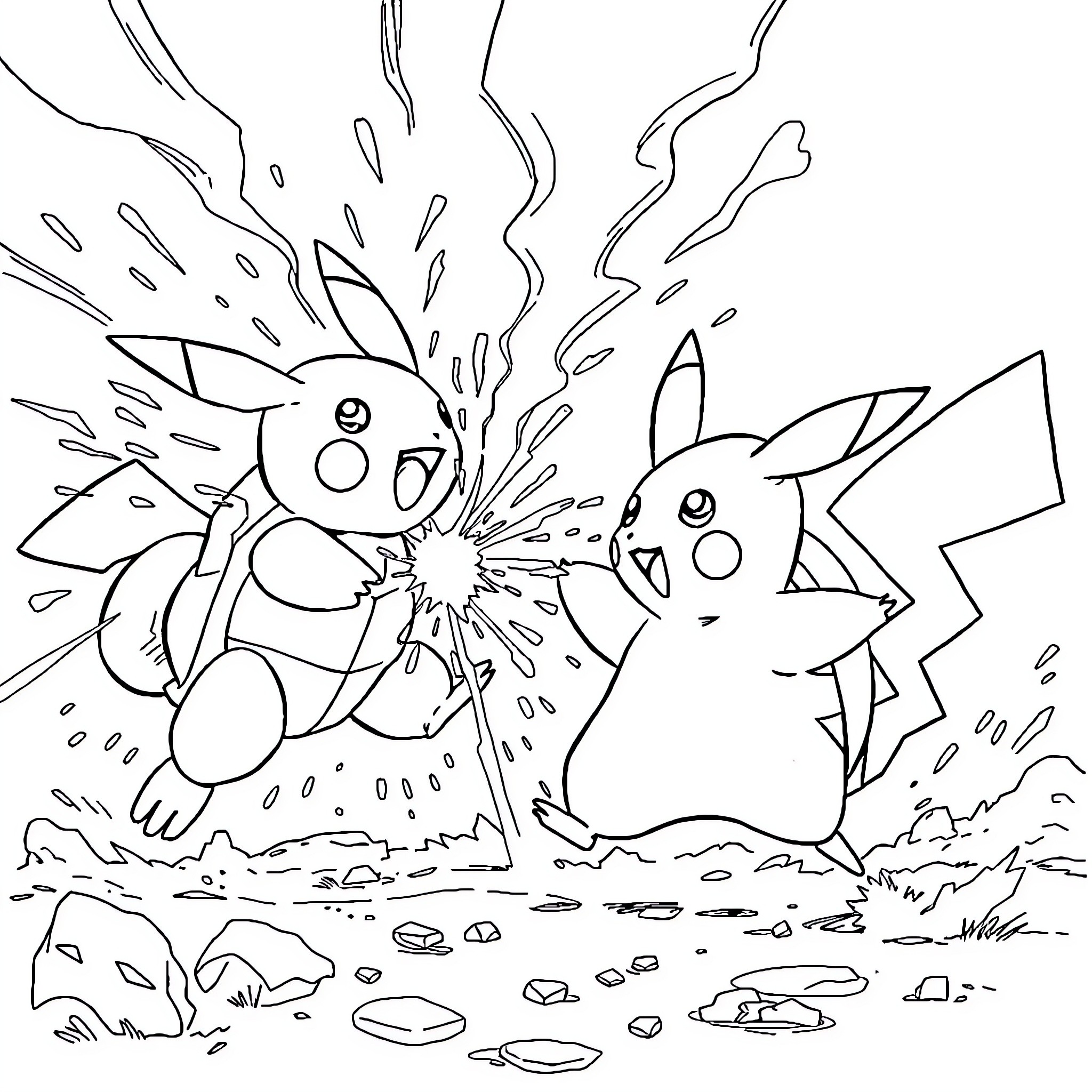 Pikachu engaged in energetic battle with another Pokémon Coloring Page (free black-and-white line drawing printable PDF for all, from beginners to advanced learners, including children, teens, adults, and seniors)