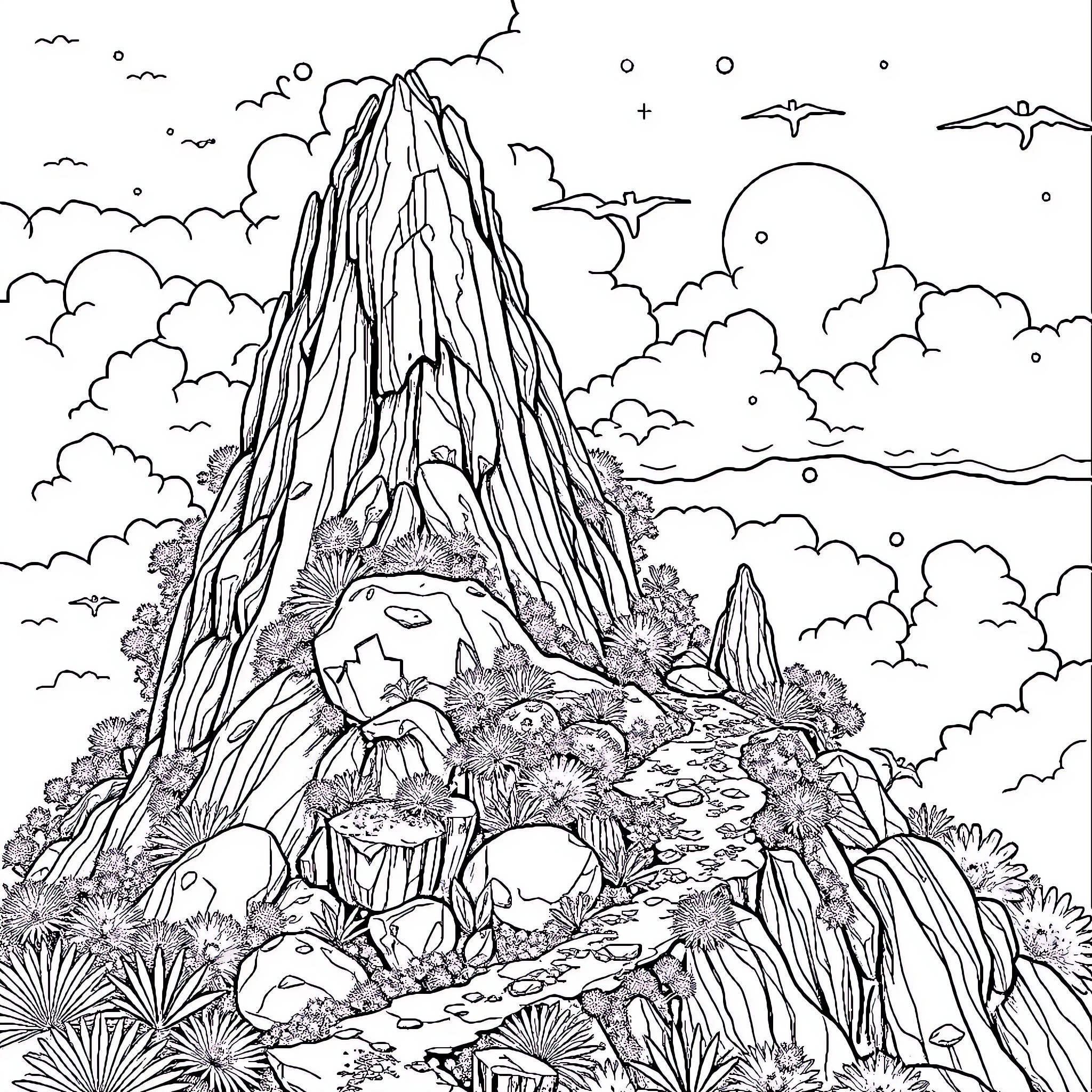 Turtle climbing rocky landscape in the clouds Coloring Page (free black-and-white line drawing printable PDF for all, from beginners to advanced learners, including children, teens, adults, and seniors)