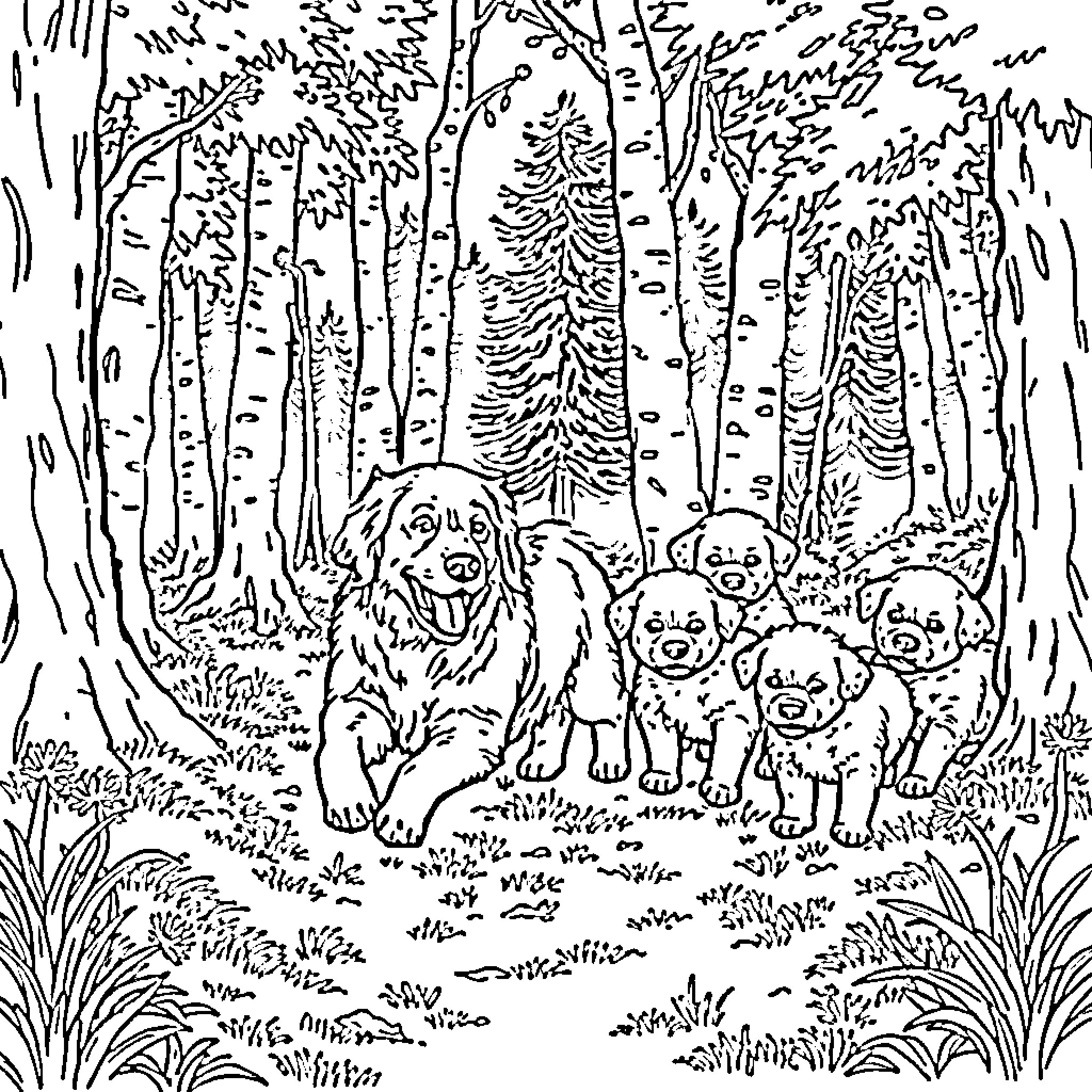 Golden Retriever and Puppies Exploring the Woodland Coloring Page (free black-and-white line drawing printable PDF for all, from beginners to advanced learners, including children, teens, adults, and seniors)