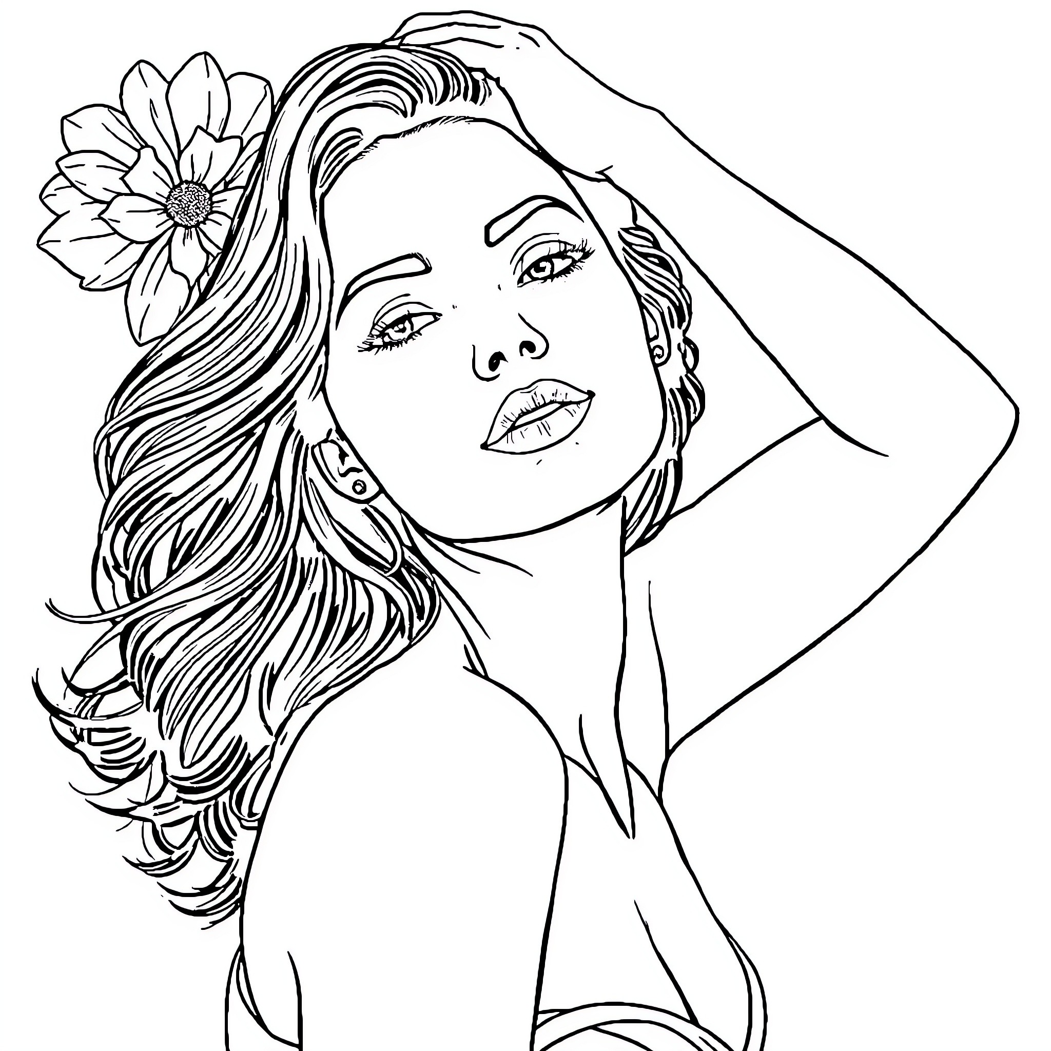 Fille with floral hair accessory and expressive features Coloring Page (free black-and-white line drawing printable PDF for all, from beginners to advanced learners, including children, teens, adults, and seniors)