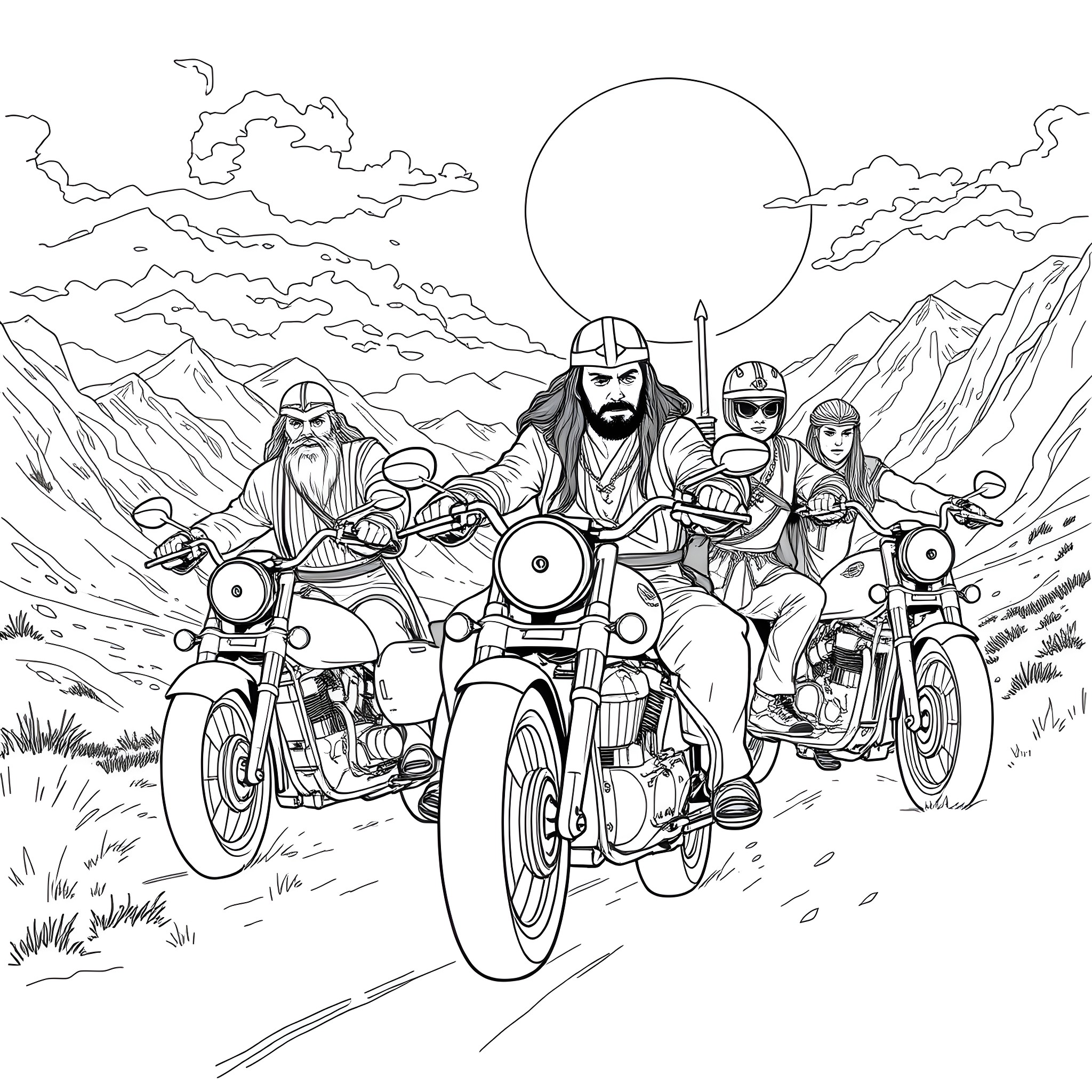 Fellowship of the Ring riding motorcycles through the mountains Coloring Page (free black-and-white line drawing printable PDF for all, from beginners to advanced learners, including children, teens, adults, and seniors)