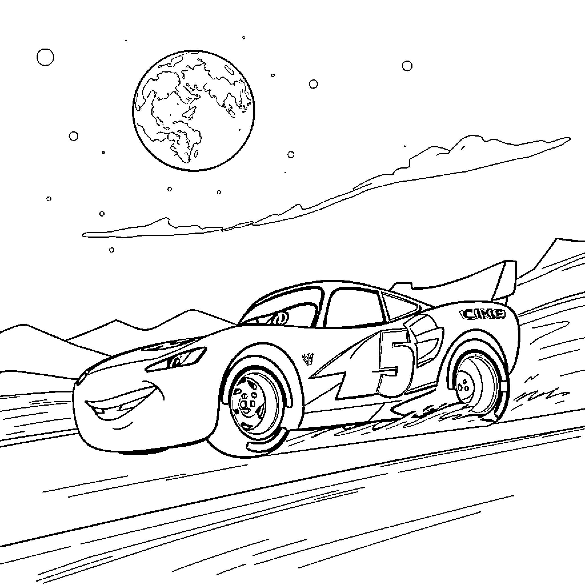 Lightning McQueen racing on the open road Coloring Page (free black-and-white line drawing printable PDF for all, from beginners to advanced learners, including children, teens, adults, and seniors)