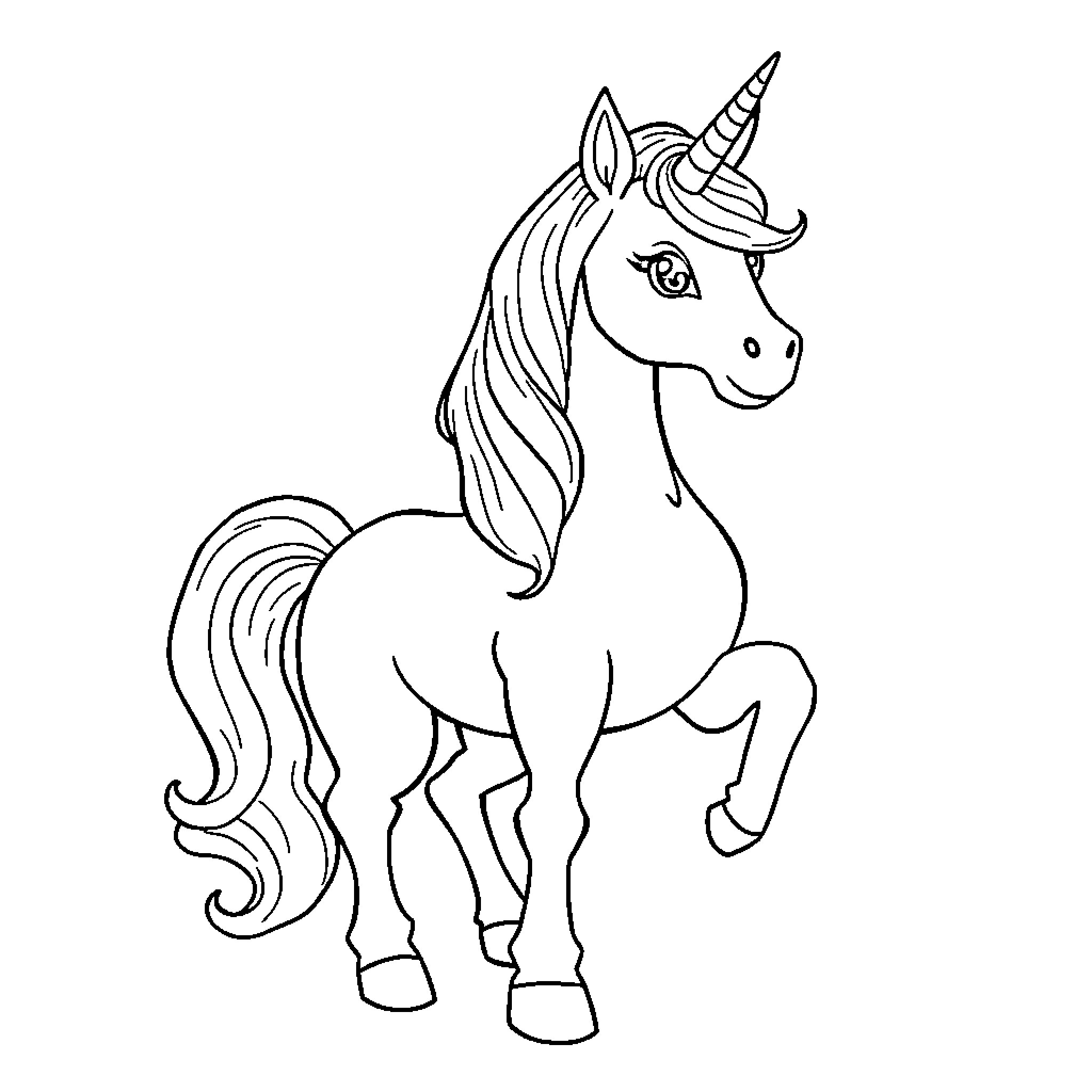 Unicorn standing gracefully in the spotlight Coloring Page (free black-and-white line drawing printable PDF for all, from beginners to advanced learners, including children, teens, adults, and seniors)