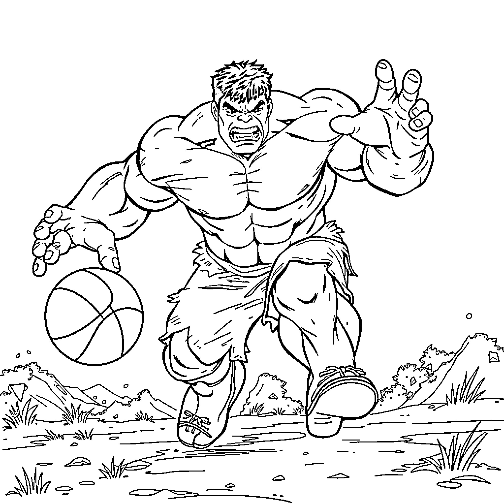 Hulk Dribbling Basketball Amidst Nature Coloring Page (free black-and-white line drawing printable PDF for all, from beginners to advanced learners, including children, teens, adults, and seniors)