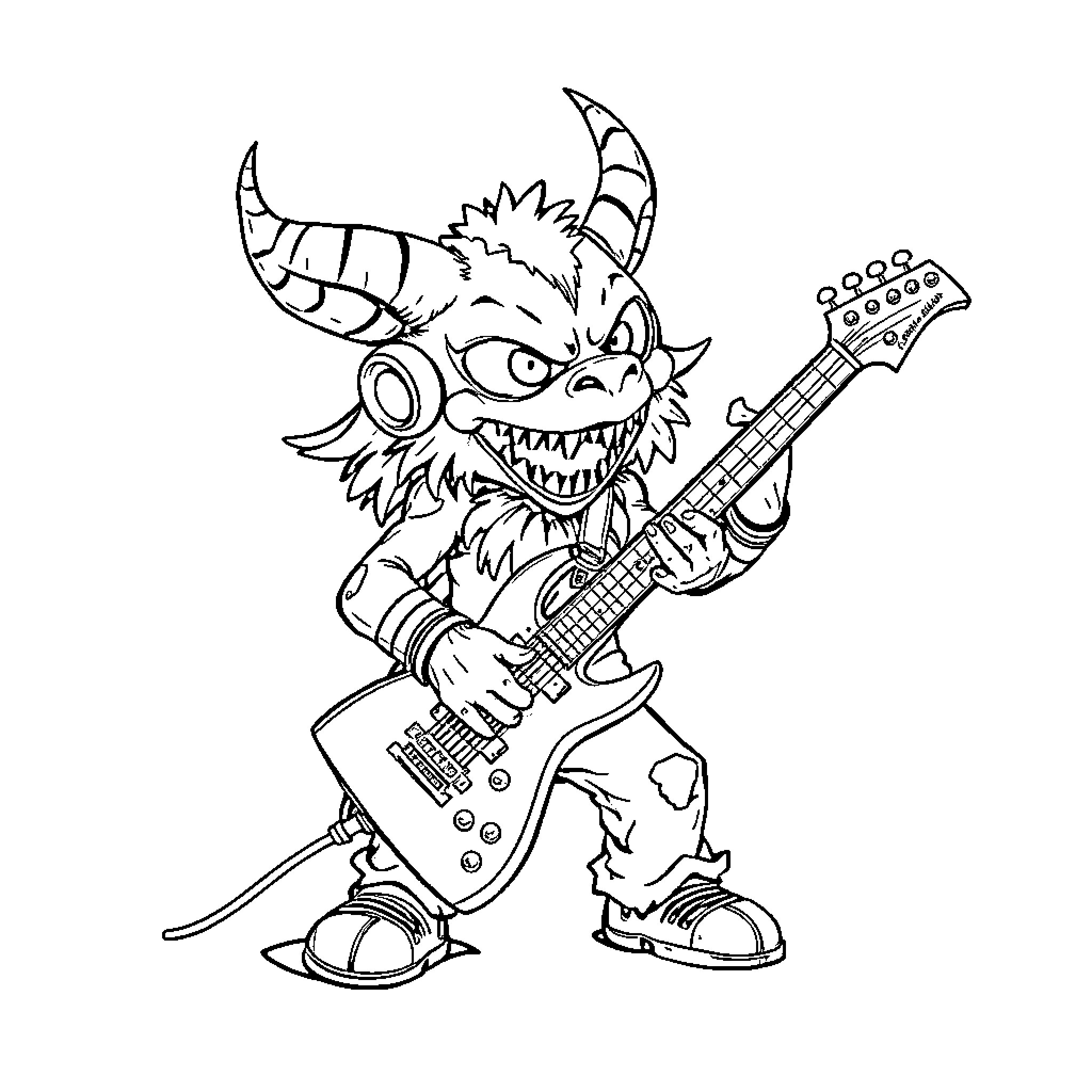 Sprunki rocking out with electric guitar Coloring Page (free black-and-white line drawing printable PDF for all, from beginners to advanced learners, including children, teens, adults, and seniors)