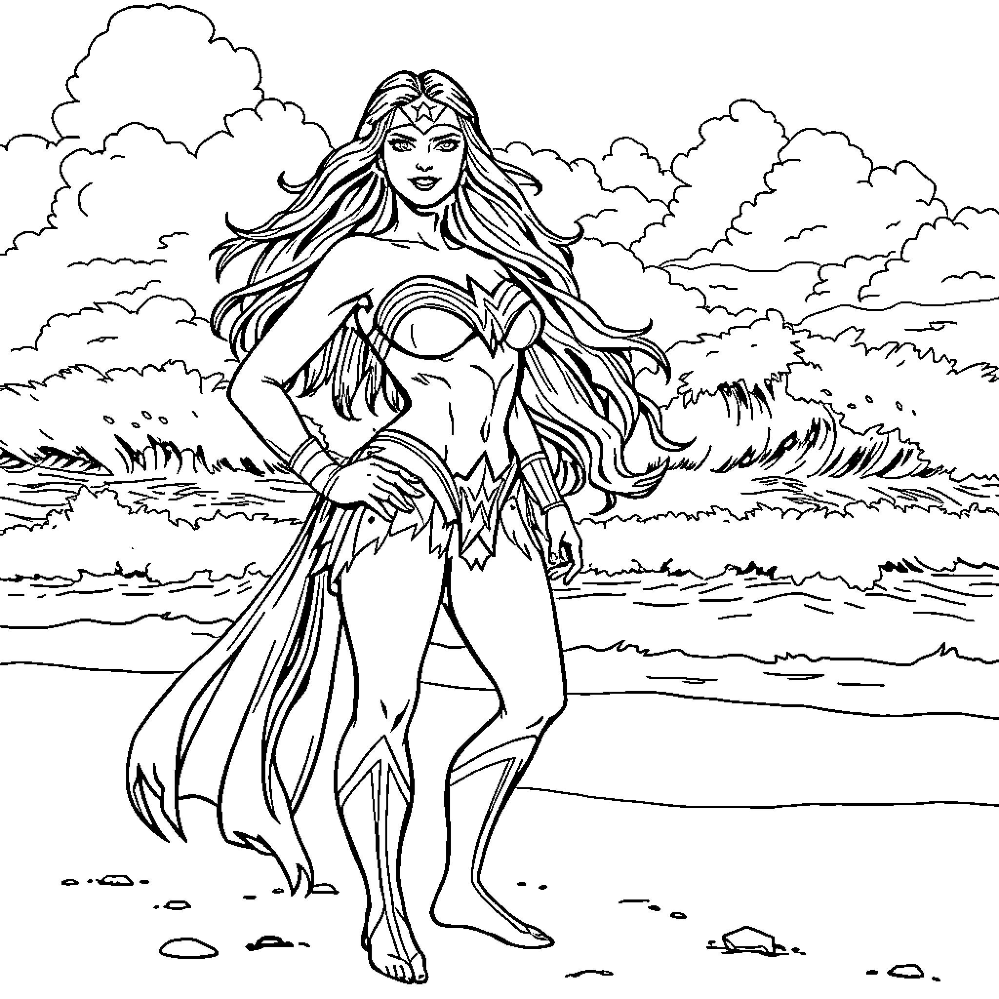 Wonder Woman in action pose on the beach Coloring Page (free black-and-white line drawing printable PDF for all, from beginners to advanced learners, including children, teens, adults, and seniors)