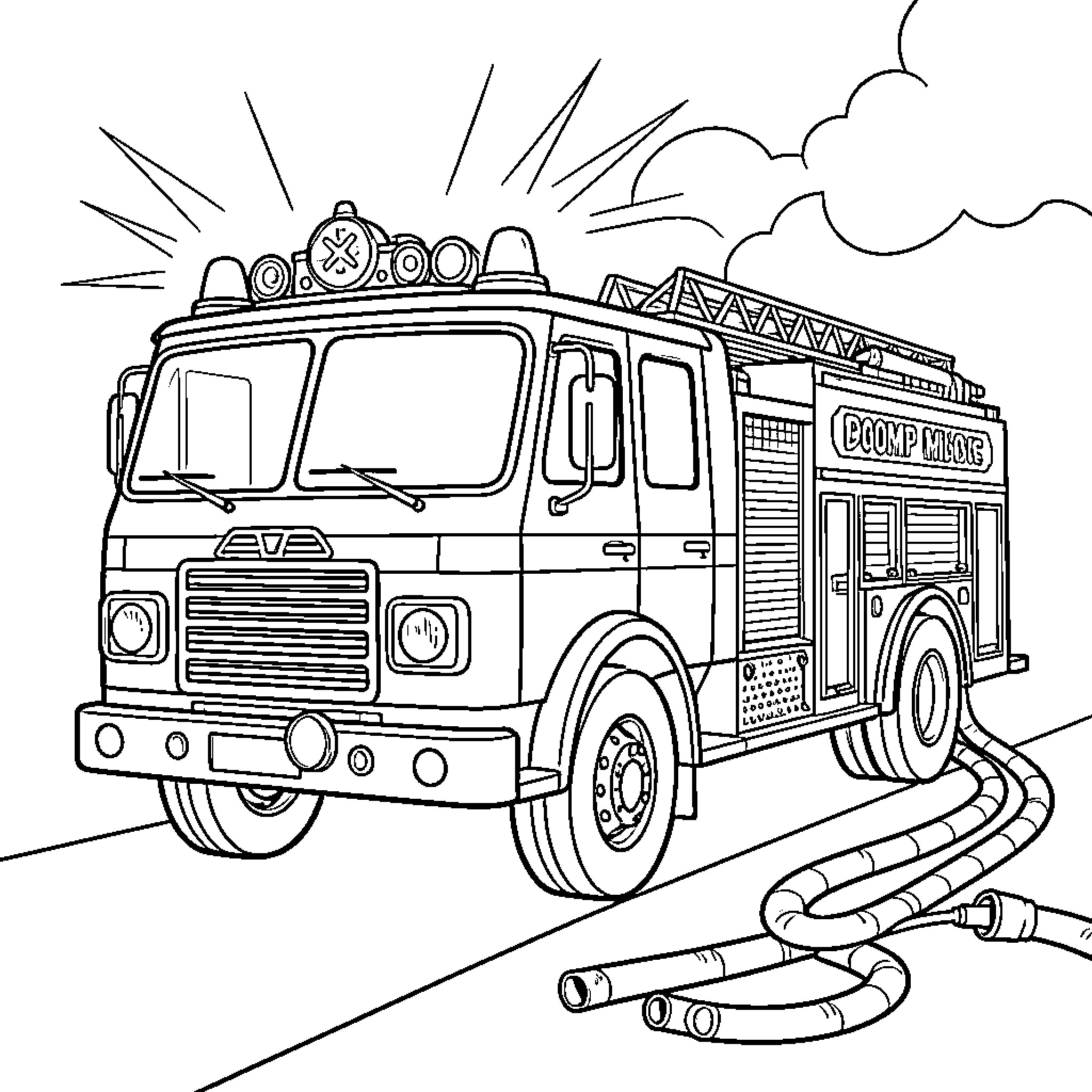 Fire Truck parked with hoses on the ground Coloring Page (free black-and-white line drawing printable PDF for all, from beginners to advanced learners, including children, teens, adults, and seniors)