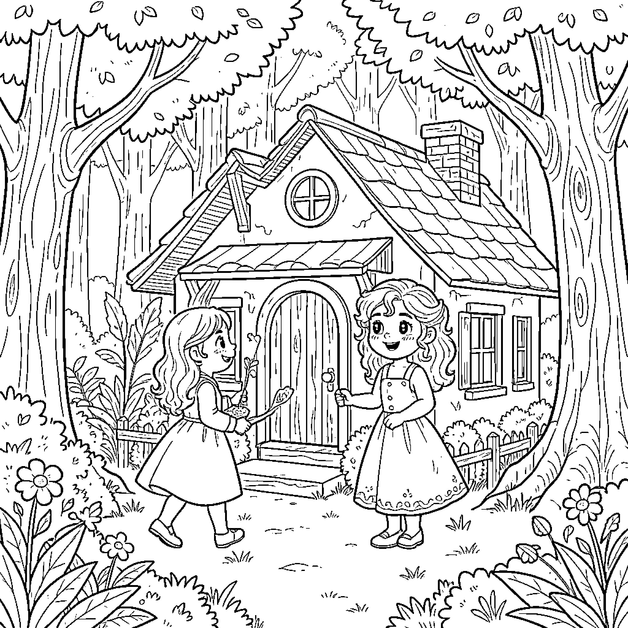 Goldilocks and the Three Bears Coloring Page (free black-and-white line drawing printable PDF for all, from beginners to advanced learners, including children, teens, adults, and seniors)