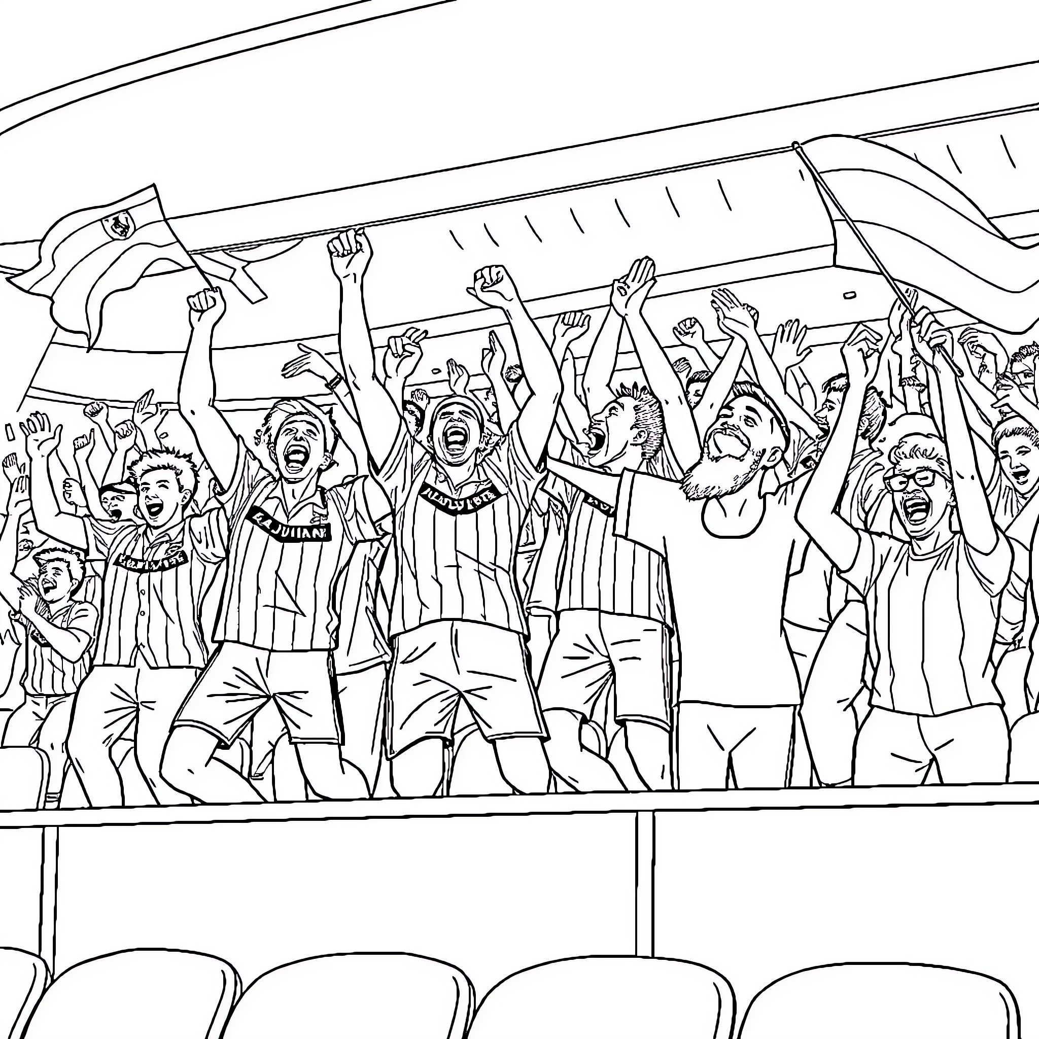 Boca Juniors fans celebrating and cheering in the stadium Coloring Page (free black-and-white line drawing printable PDF for all, from beginners to advanced learners, including children, teens, adults, and seniors)