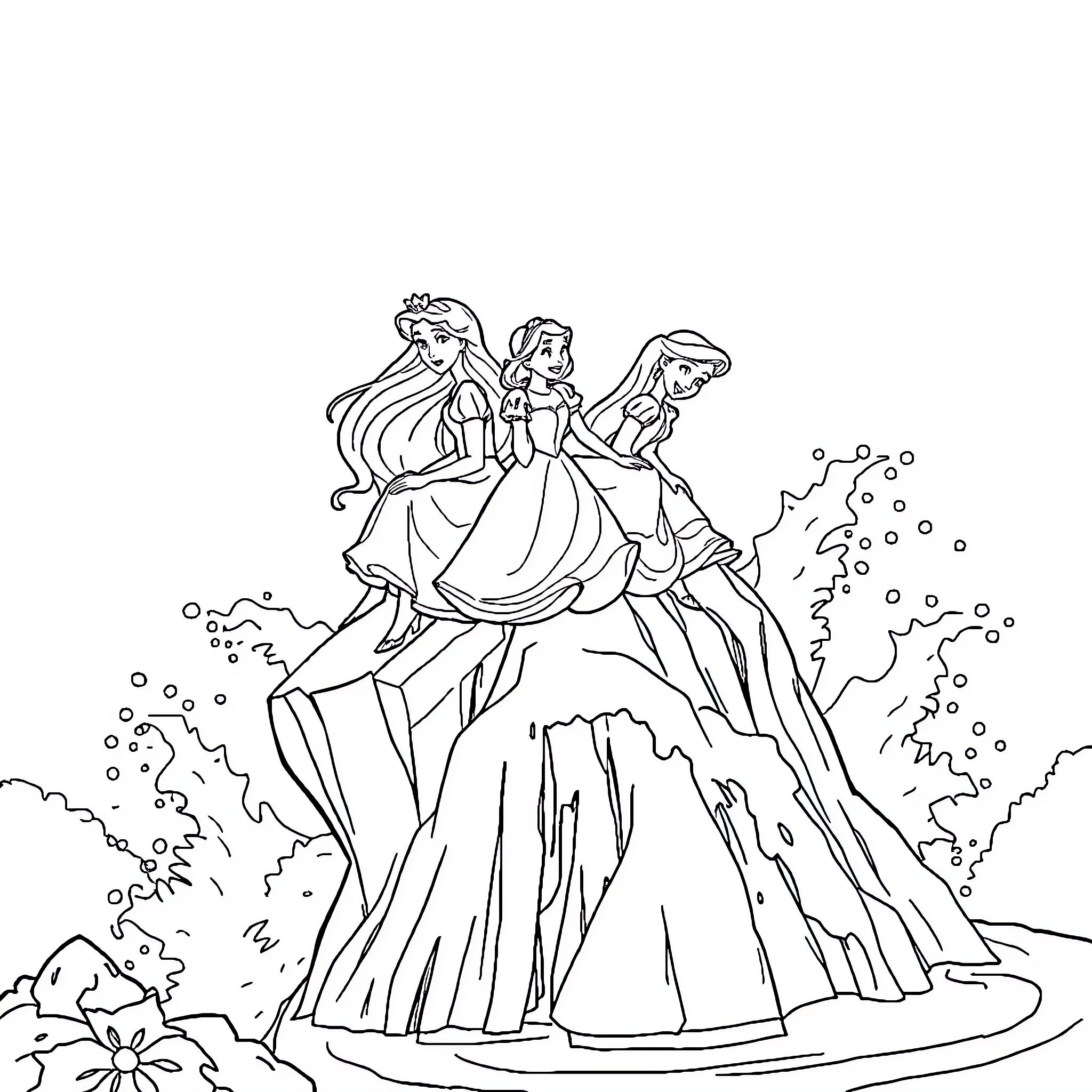 Disney Princesses on a Magical Adventure Coloring Page (free black-and-white line drawing printable PDF for all, from beginners to advanced learners, including children, teens, adults, and seniors)