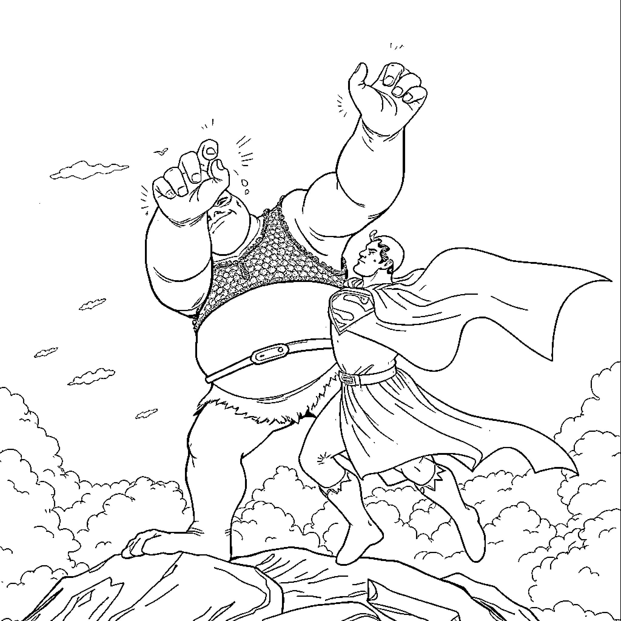 Shrek heroically saving the day Coloring Page (free black-and-white line drawing printable PDF for all, from beginners to advanced learners, including children, teens, adults, and seniors)