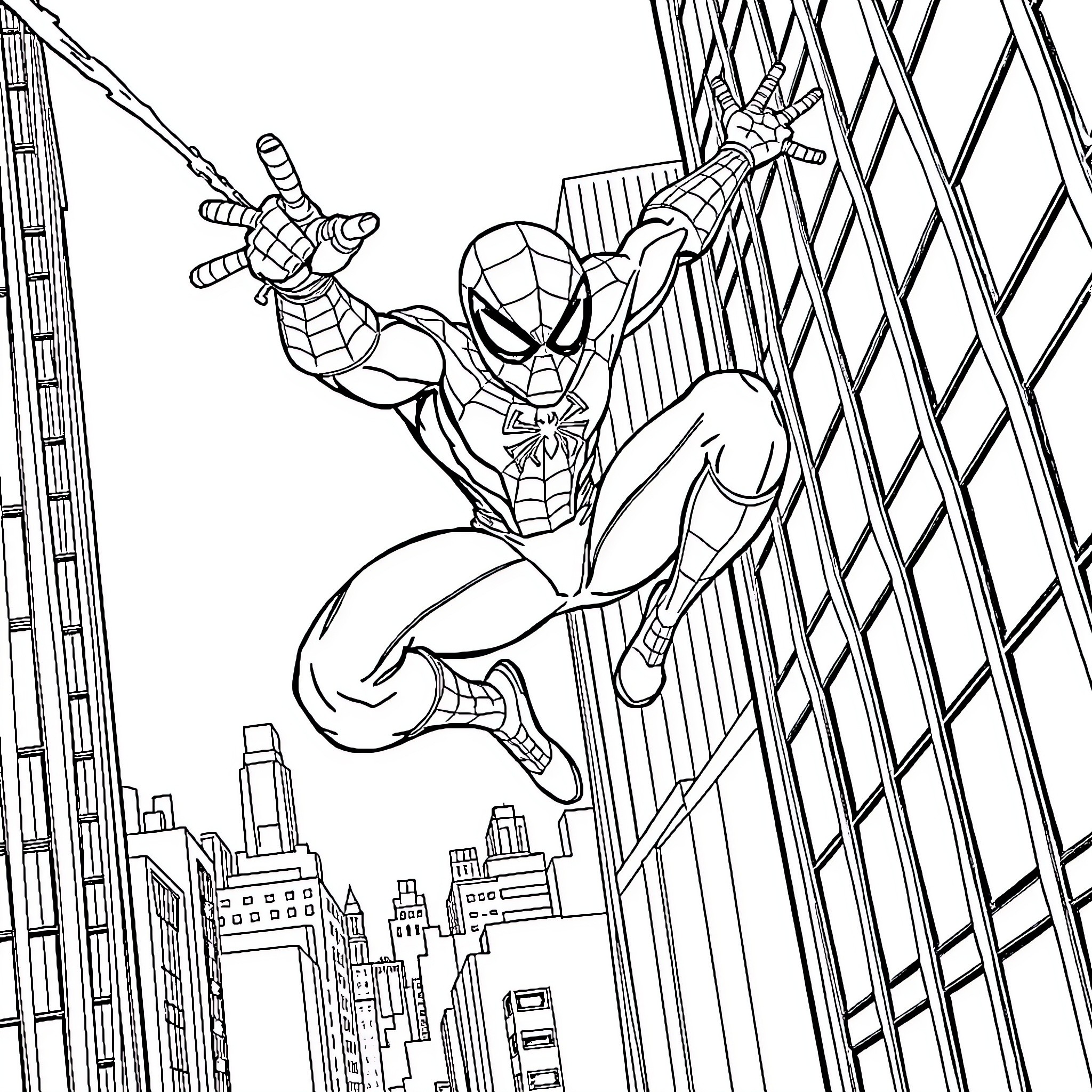 Spiderman Swinging through the City Skyline Coloring Page (free black-and-white line drawing printable PDF for all, from beginners to advanced learners, including children, teens, adults, and seniors)