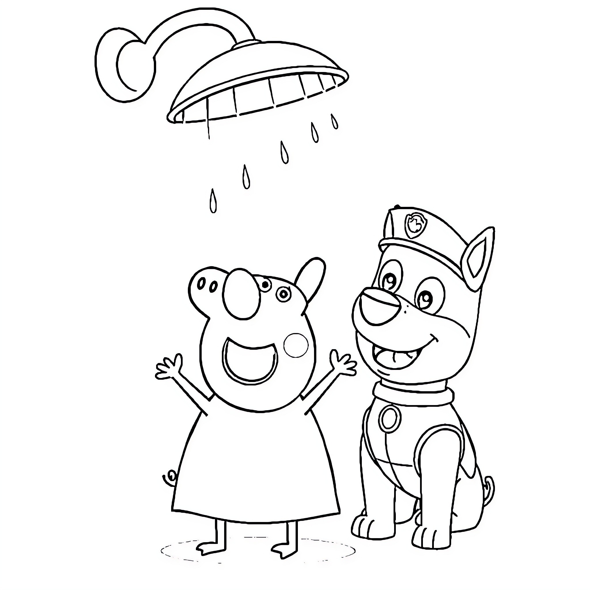 Peppa Pig and Paw Patrol character playing in the rain Coloring Page (free black-and-white line drawing printable PDF for all, from beginners to advanced learners, including children, teens, adults, and seniors)