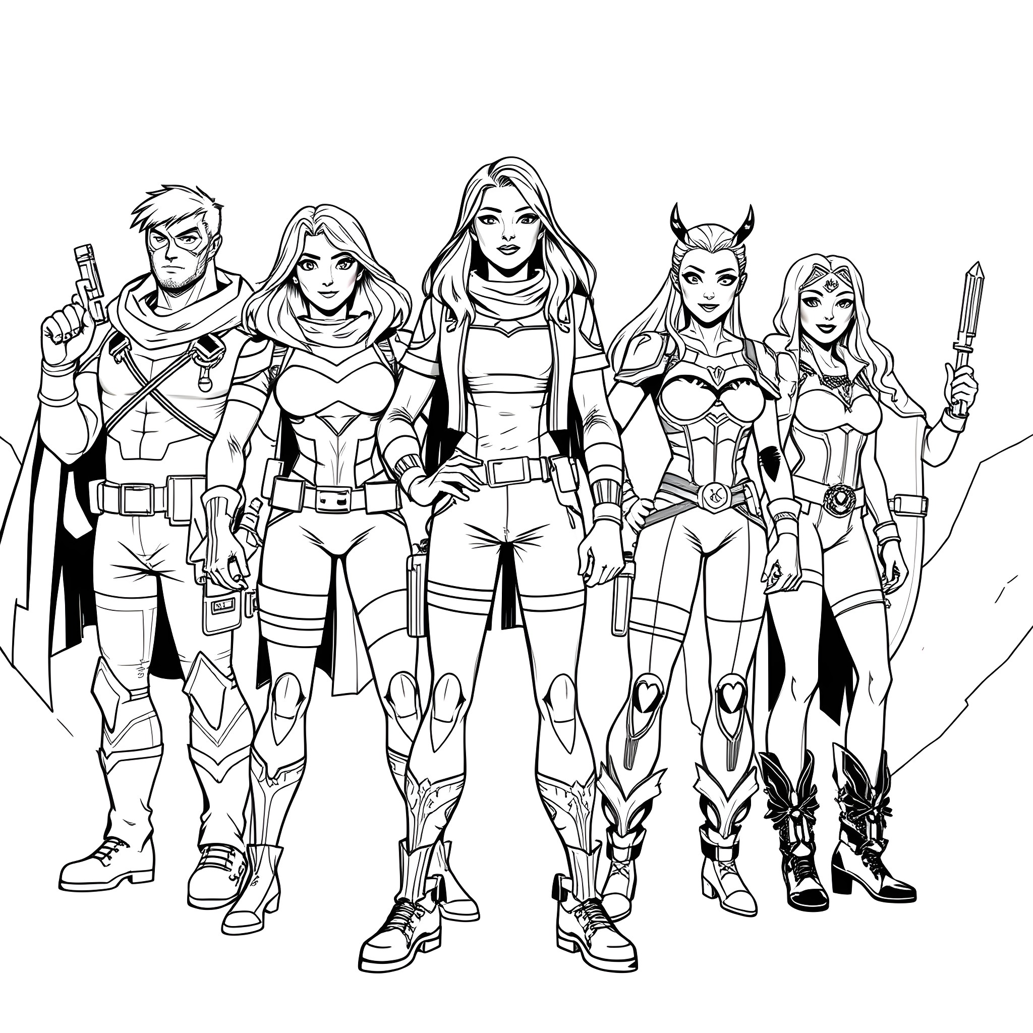 Sophie and her team of heroic adventurers Coloring Page (free black-and-white line drawing printable PDF for all, from beginners to advanced learners, including children, teens, adults, and seniors)