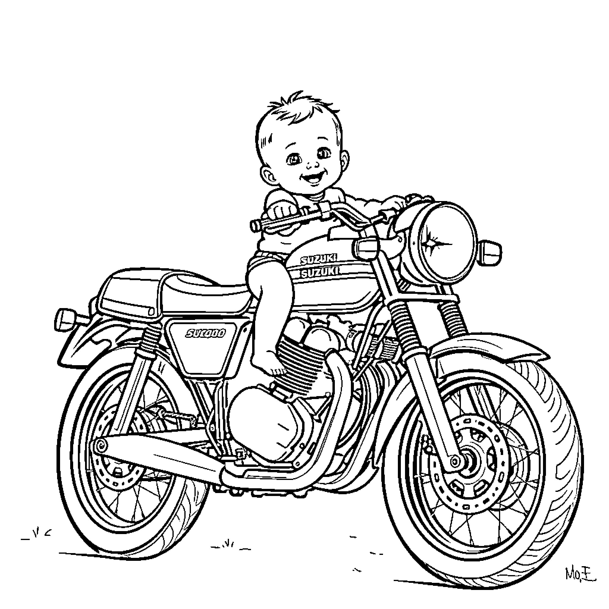 Baby riding a motorcycle with excitement Coloring Page (free black-and-white line drawing printable PDF for all, from beginners to advanced learners, including children, teens, adults, and seniors)