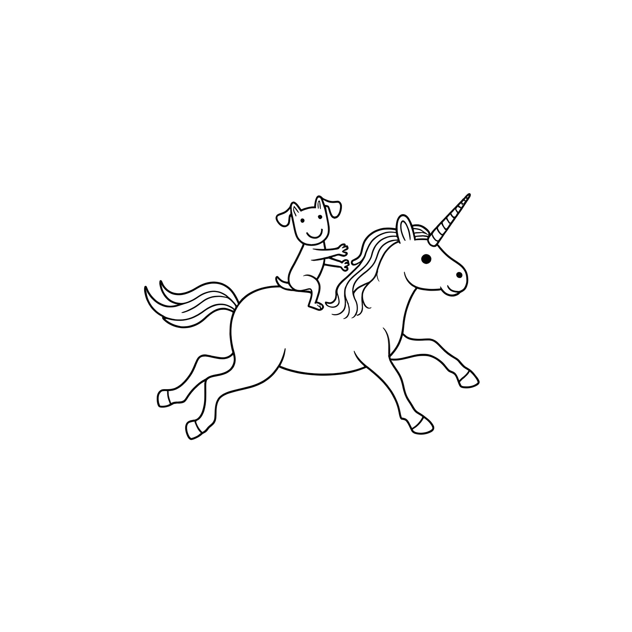 Dog riding a magical unicorn Coloring Page (free black-and-white line drawing printable PDF for all, from beginners to advanced learners, including children, teens, adults, and seniors)