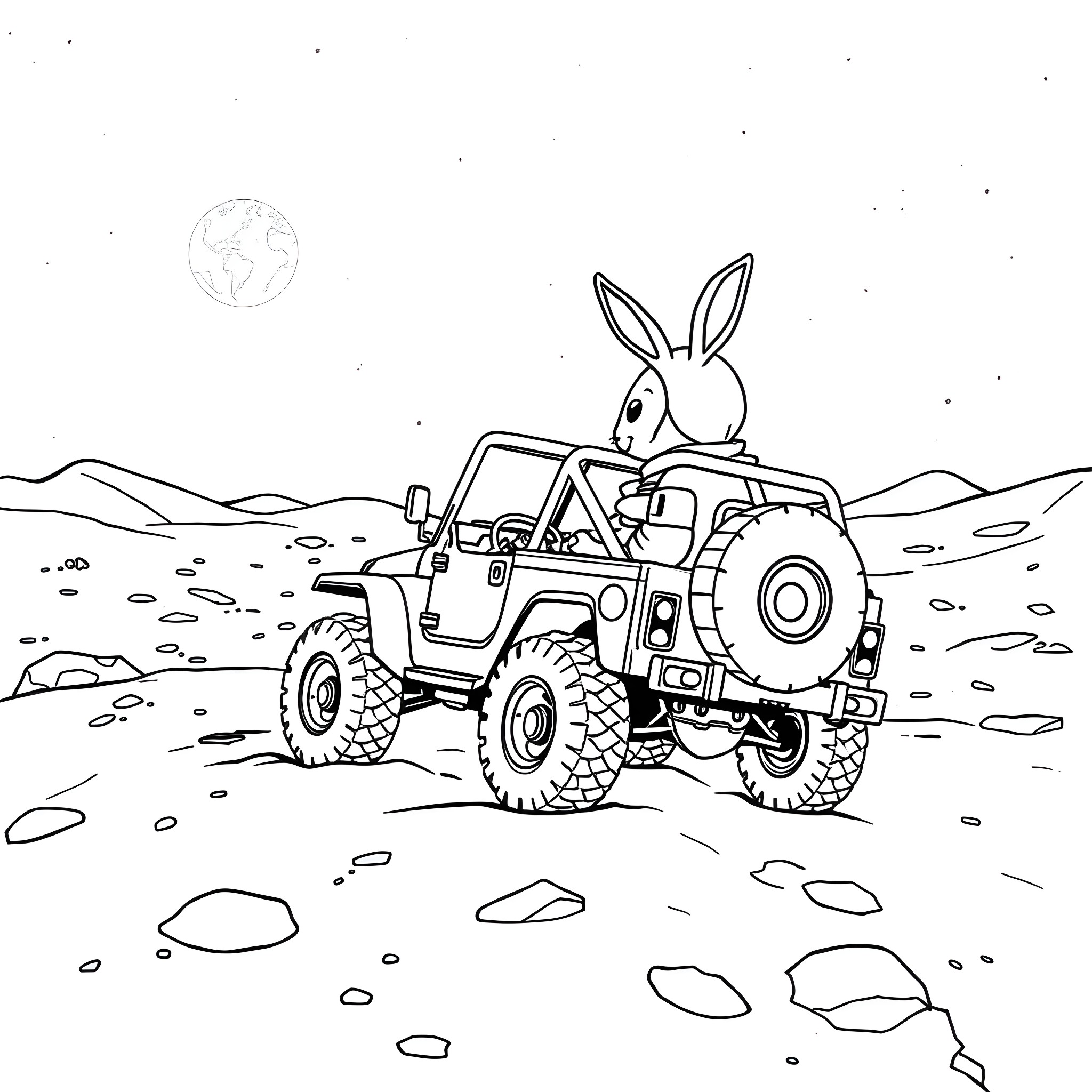 Rabbit driving off-road vehicle in desert landscape Coloring Page (free black-and-white line drawing printable PDF for all, from beginners to advanced learners, including children, teens, adults, and seniors)