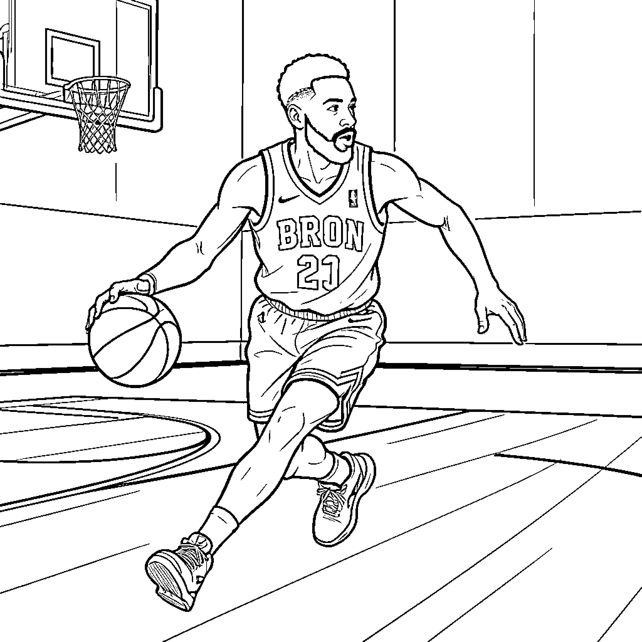 Bro dribbling ball on basketball court Coloring Page (free black-and-white line drawing printable PDF for all, from beginners to advanced learners, including children, teens, adults, and seniors)